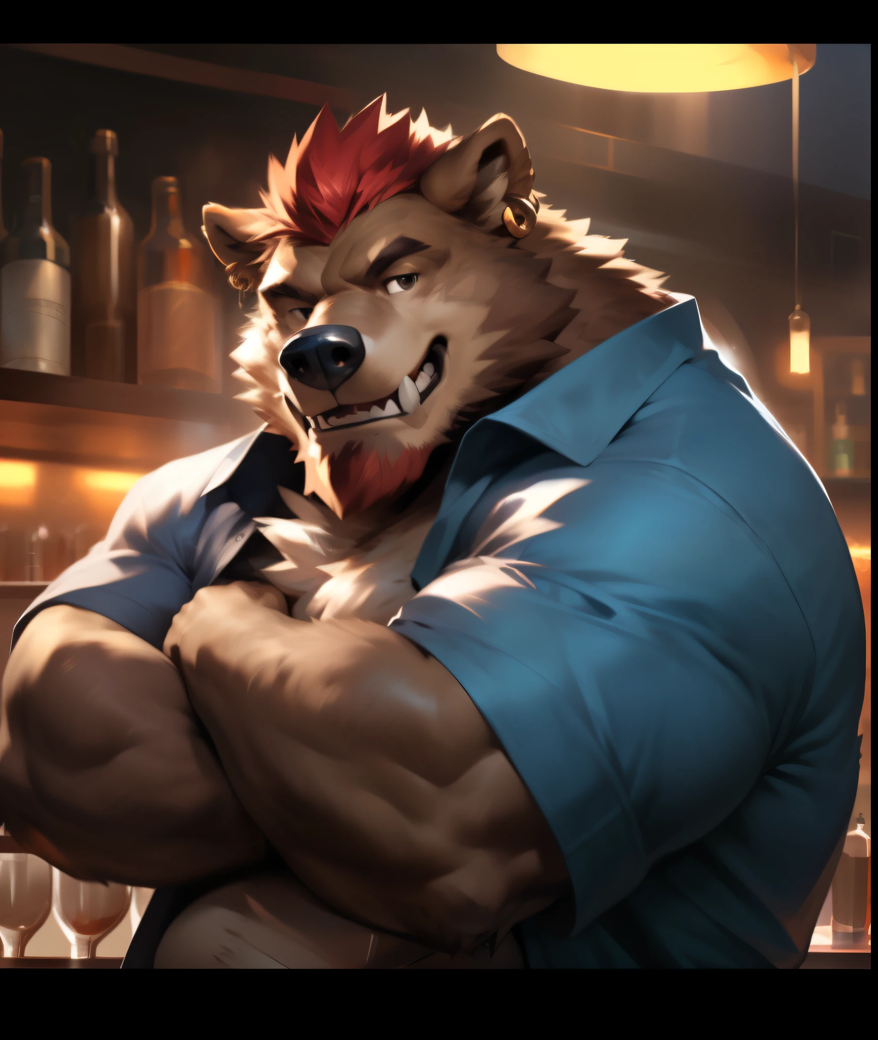  chubby, fat, middle-aged male, (human boar), sparse beard , Big breasts, dynamic light, cardigan, red hair and beard, very sexy, dad picture, hot daddy, boss, through dark gems, by zixiong, author：flash trap boy, ((look at the audience)), (Smile), (fangs),(Small Eyes) ,(golden ear piercing),bar setting, 4k, high resolution, best quality, perfect color, perfect shade, perfect lighting, Posted by e621, hairy body,   (Strong:1.2), correct anatomy, (realistic fur, fine fur, epic, masterpiece:1.2), (bar setting), (by Tarantino Fiddler, by chuni, by Traver009, via world football federation:1.1), (delicate eyes, black eyes:1.2), (Half body:1.1), serious face, Strong posture, proudly, Soft shadows, looking at the audience, messy fur, rough