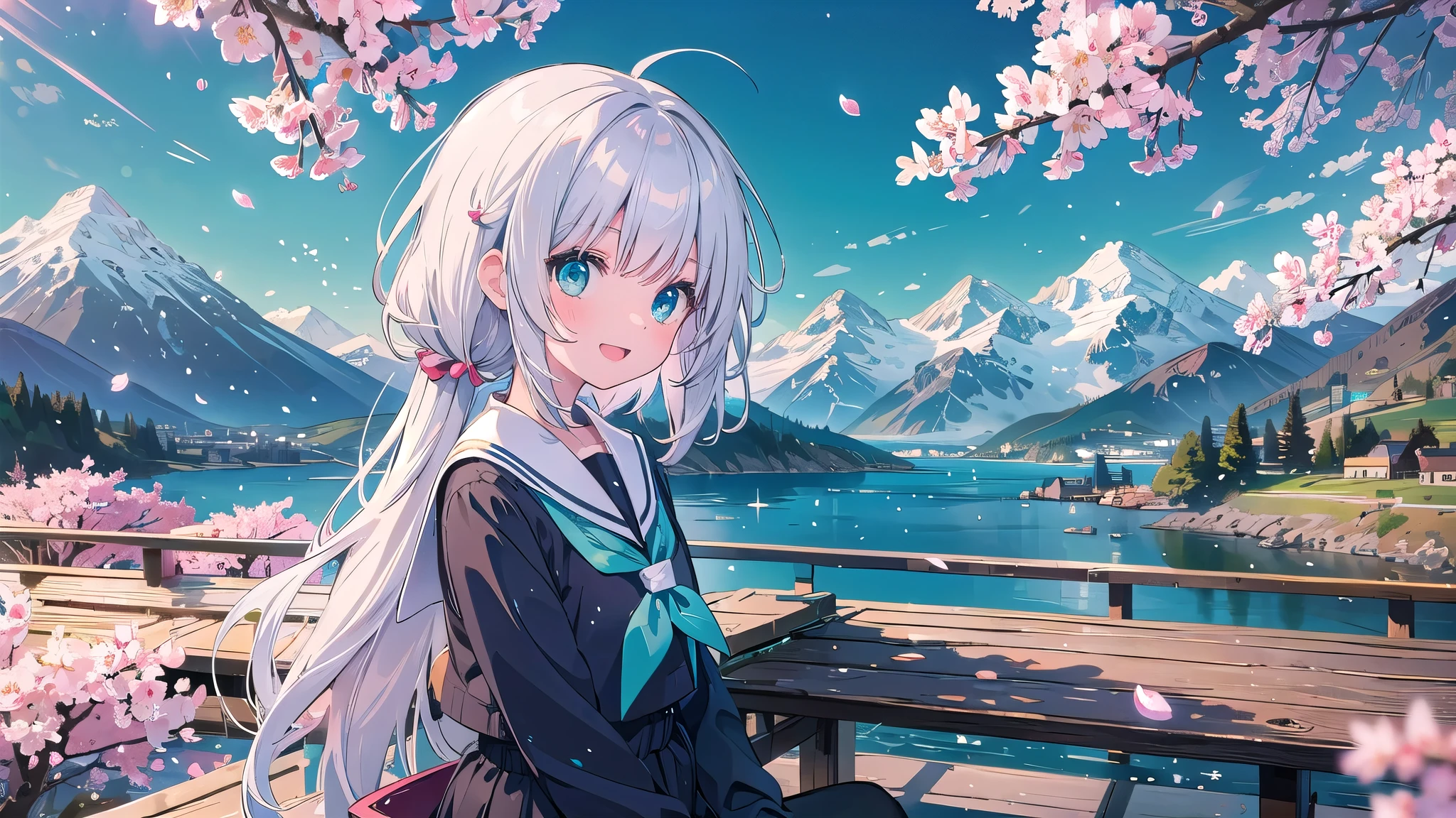 (masterpiece), landscape, mountain horizon, Cherry blossoms, petal, light particles, Upper body, 1 girl, sailor, curls, Floating hair, Smile, sitting, open mouth, light particles, silver hair, aqua eyes, looking at the audience, Face focus