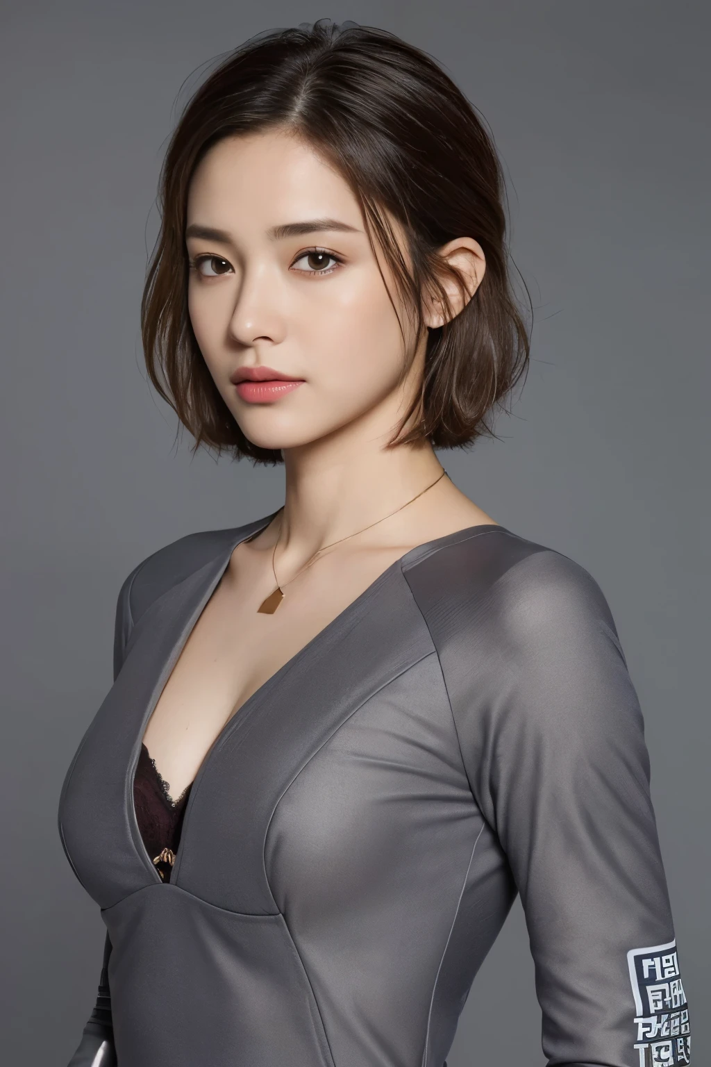 ((top-quality、8K、masterpiece: 1.erfect Body Beauty: 1.4、Slender Abs: 1.2、Beautiful woman with slender abs:1.3、(Highlight Haircutreast B Cup:1.2), medium breast, round shape breast, perfect shape breast, ((pilot suit)), necklace, hyperdetailed face、18year old、 Pretty women、(Dark brown short-cut hair), Slim Face、Highly detailed facial and skin texture、very detailed lips、opens legs、top-quality、masterpiece、超A high resolution、(Photorealsitic:1.4), walked forward confidently, long shot , studio setup, photography steup, light from both side, gray background