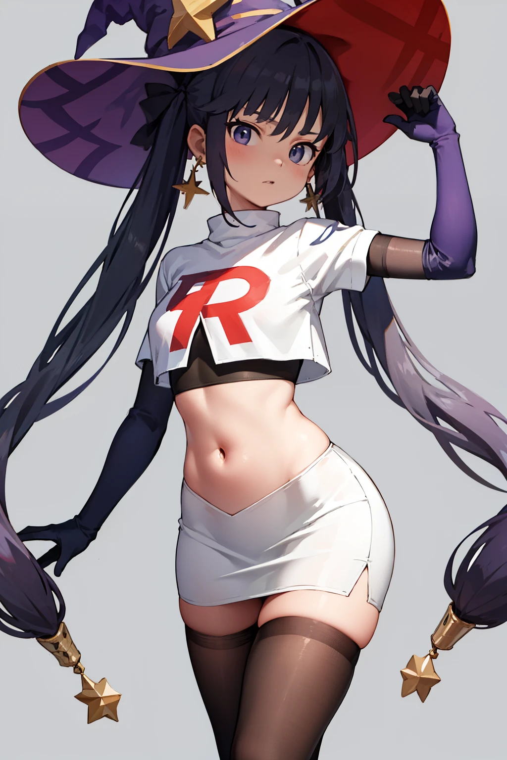 ((masterpiece,best quality)), team rocket,team rocket uniform, red letter R, white skirt,white crop top,black thigh-highs,black elbow gloves zettai ryouiki, aamona, long hair, twintails, hair ornament, black ribbon, earrings, witch hat, purple headwear, cowboy shot,