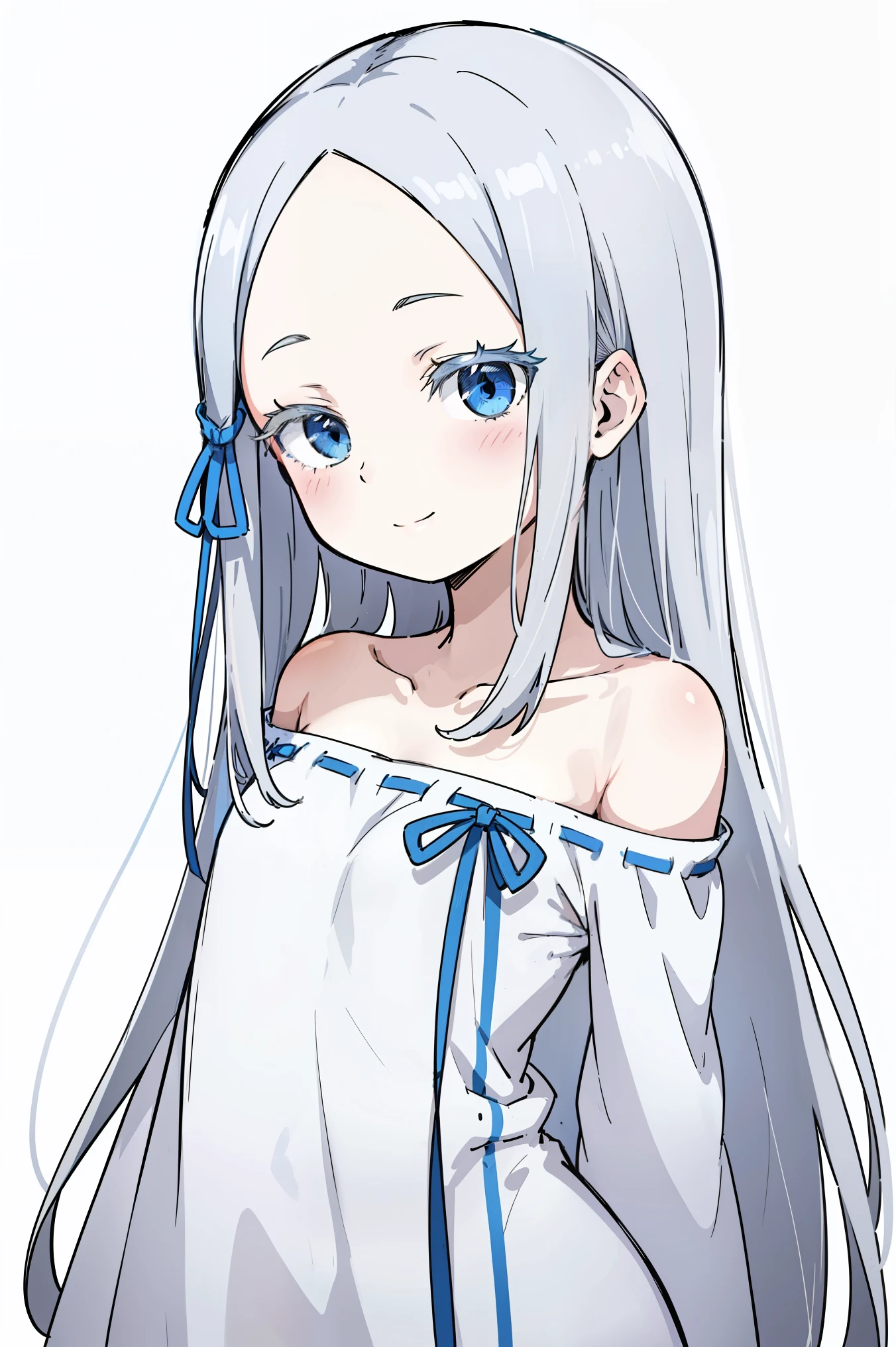 (masterpiece, best quality, ultra high quality, by quan, by mappa, sketch:1.1), ((portrait)), 1girl, solo, pandora, blue eyes, long hair, grey hair, white hair, forehead, blush, bangs, small breasts, parted bangs, barefoot, neutral, innexpressive, small smile, thighs, ((pddf)), dress, dress ribbon, hair ribbon, white dress, loose dress, blue ribbon, bare shoulders, (arms behind back), upper body, standing,, isometric lightning, white background, simple background