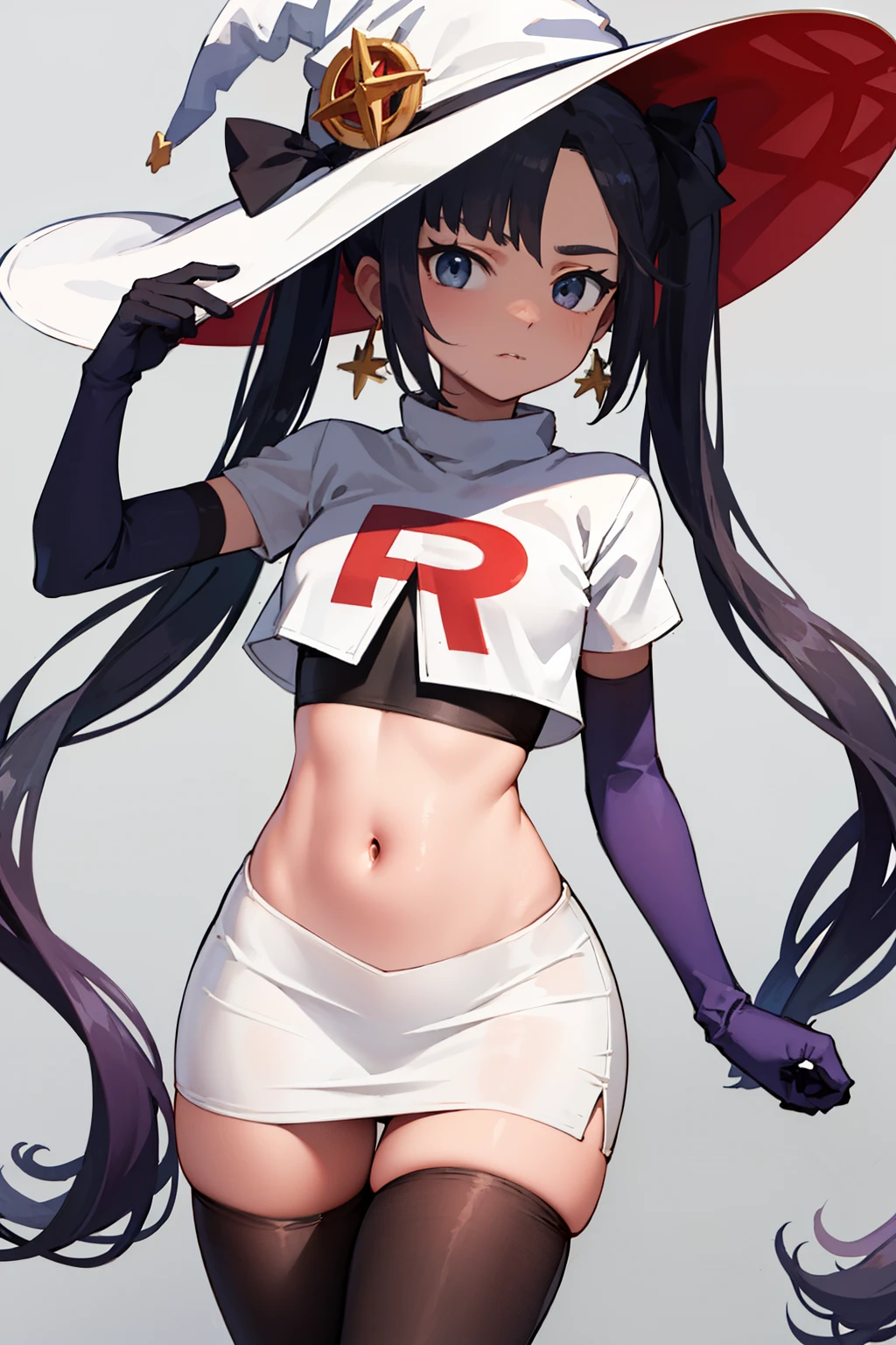 ((masterpiece,best quality)), team rocket,team rocket uniform, red letter R, white skirt,white crop top,black thigh-highs,black elbow gloves zettai ryouiki, aamona, long hair, twintails, hair ornament, black ribbon, earrings, witch hat, purple headwear, cowboy shot,