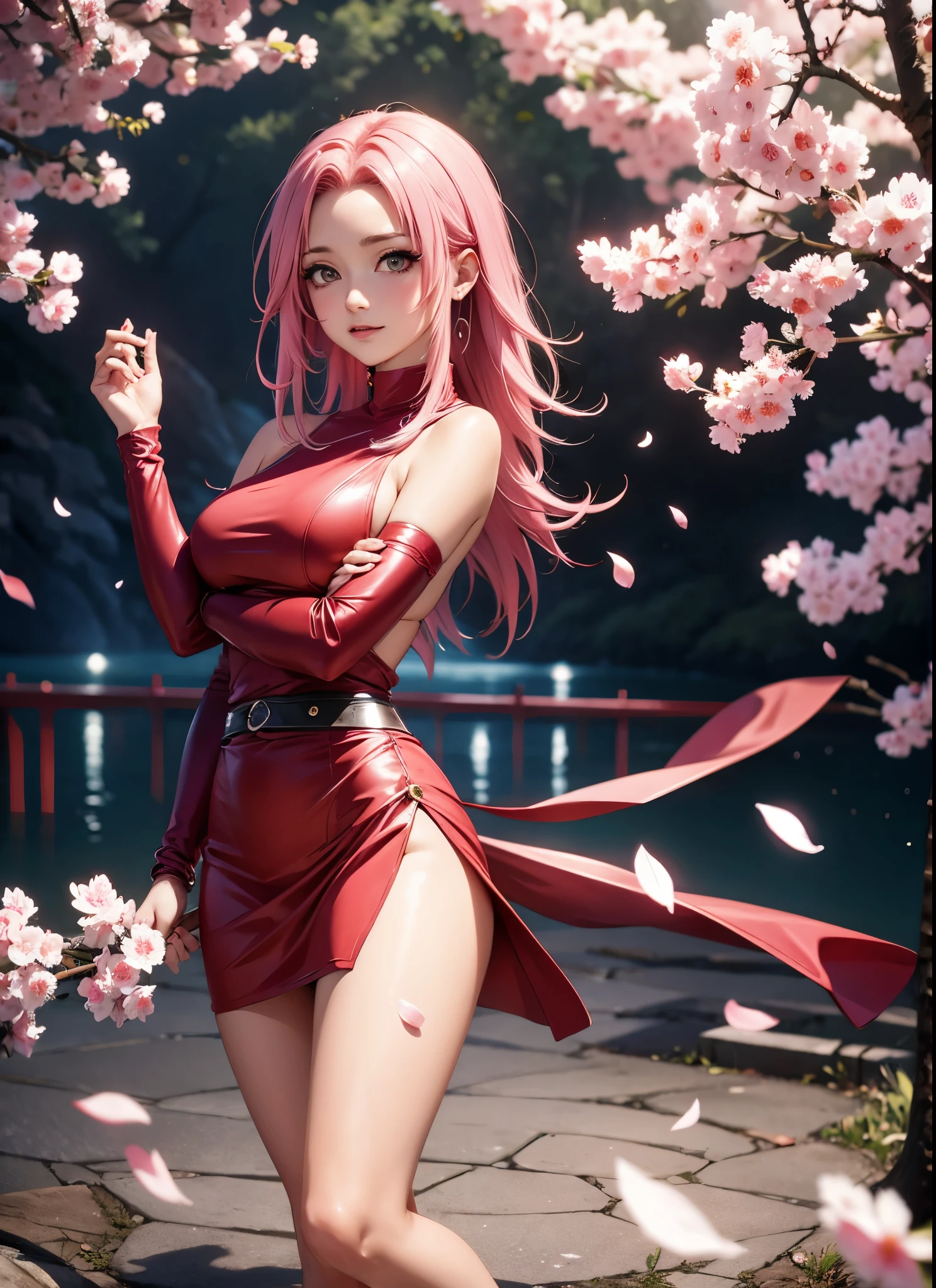 anime girl with pink hair and a red dress posing for a picture, sakura haruno, haruno sakura, sakura haruno in slug sage mode, from naruto, sakura petals around her, sakimi chan, extremely detailed artgerm, seductive anime girl, (anime girl), sakura, ”beautiful anime woman, beautiful anime girl, clean detailed anime art