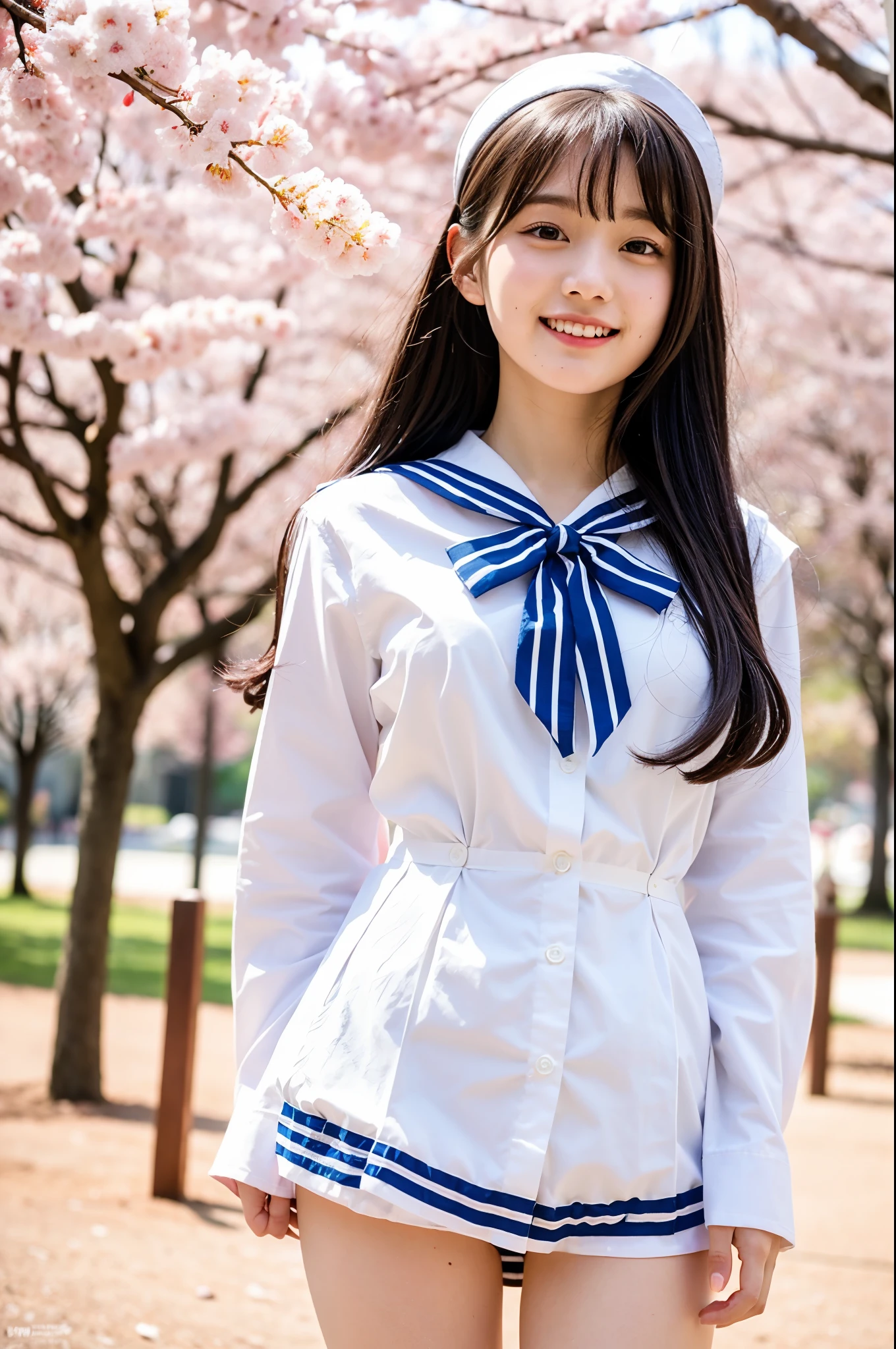 girls standing in cherry blossom park,white sailor shirt with bow tie,no panties and hands on crotch,18-year-old,bangs,a little smile,thighs,knees,straight hair with barrette,from below,front-lighting