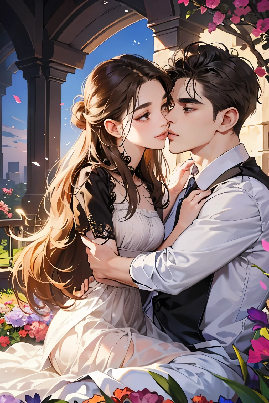 (table top, digital illustration, 4k, 8k, Super detailed, beautiful images, clear image, perfect face, perfect lines, perfect eyes, soft lighting) 1 female, (light brown hair,chignon hair,innocent look,droopy eyebrows,droopy eyes、With a round face,round chin、innocence,cute,Big eyes,natural makeup,smile gently,E cup,23 years old:1.3),Two handsome men in suits, (human,man in suit,muscular,solid shoulder width, boyish hairstyle,A man in his 30s with a cool expression,28 year old man with a bright smile:1.2),garden full of light、lots of flowers、Squirting、colorful flower light,(embarrassing,shy smile:1.2),resort sofa,kiss、カップルkiss、romance porn、couple of man and woman hugging each other、