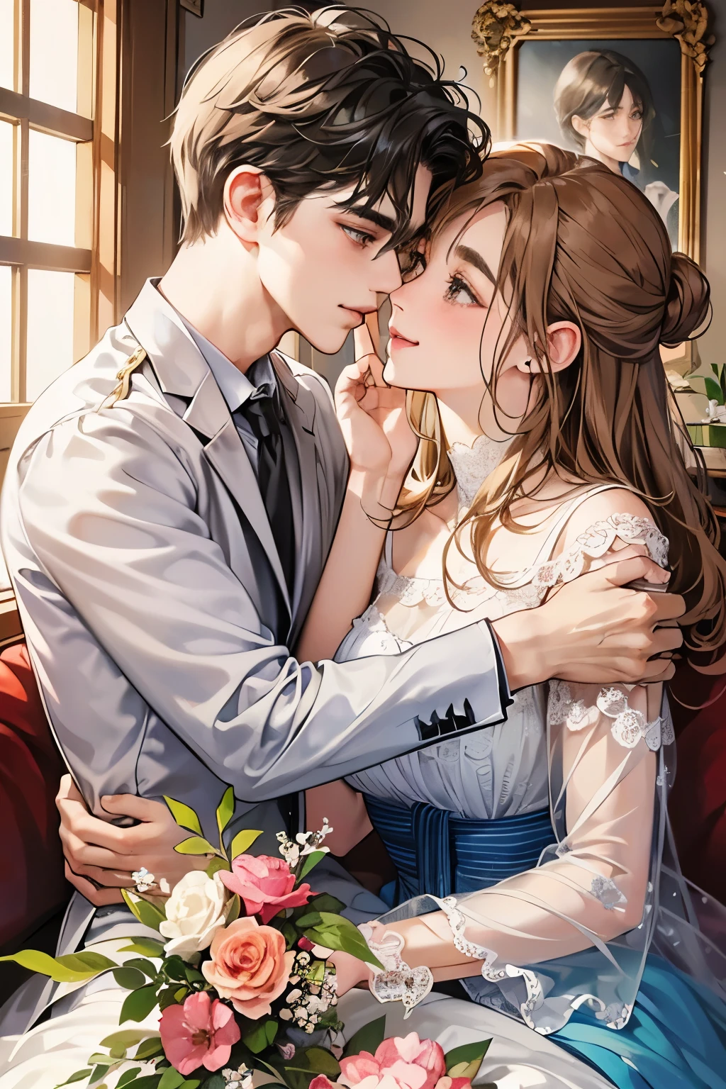 (table top, digital illustration, 4k, 8k, Super detailed, beautiful images, clear image,  perfect face, perfect lines, perfect eyes, soft lighting) 1 female, (light brown hair,chignon hair,innocent look,droopy eyebrows,droopy eyes、With a round face,round chin、innocence,cute,Big eyes,natural makeup,smile gently,E cup,23 years old:1.3),Two handsome men in suits, (human,man in suit,muscular,solid shoulder width,  boyish hairstyle,A man in his 30s with a cool expression,28 year old man with a bright smile:1.2),garden full of light、lots of flowers、Squirting、colorful flower light,(embarrassing,shy smile:1.2),resort sofa,kiss、カップルkiss、romance porn、couple of man and woman hugging each other、