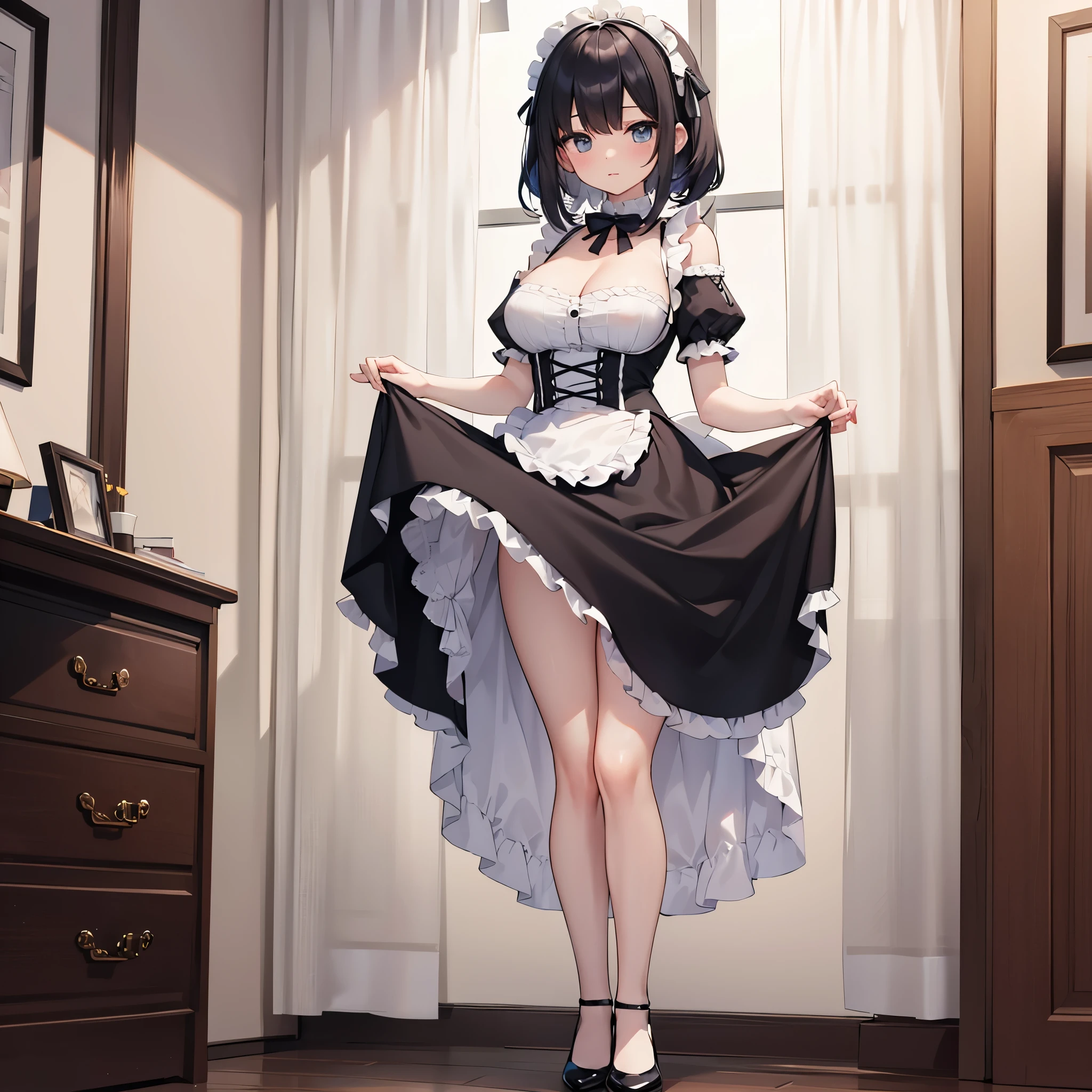 (1 solo skinny ish maid standing in dark bedroom:1.3), (large breasts), (inconceivably narrow waist), skinny long legs, highheels, frilled maid dress, (curtsey:2.0), (lift skirt up by own both hands:1.5), (show off white string panty:1.5), (show off cameltoe for viewer:1.5), nsfw, (orgasm), (excessive pussy juice:1.2), open mouth, screaming