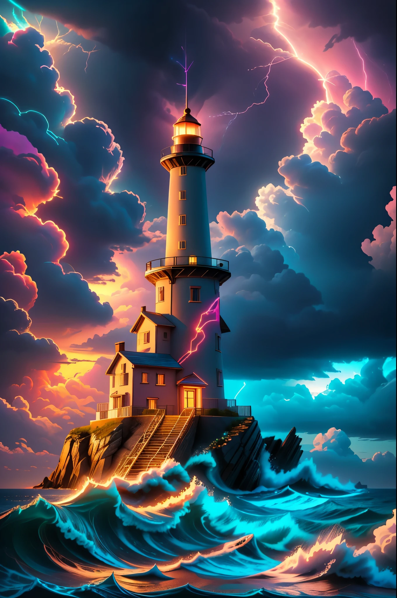 a lighthouse overlooking a stormy sea, enchanted, extremely detailed, (((lightning))), vivid colors, colorful,  neon, high quality, best quality,  award winning, high contrast, cinematic lighting, (masterpiece), epic