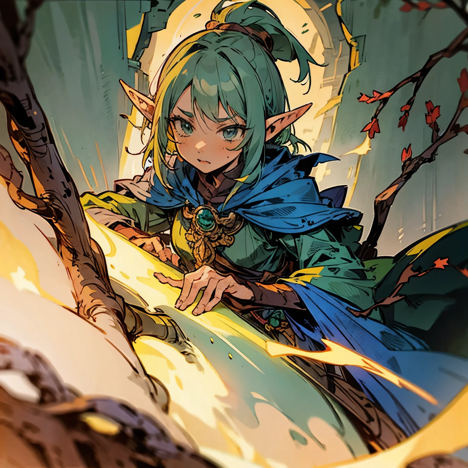 [close up, detailed face] Green haired, elf, mage, wooden branch, nervous, shy, dork