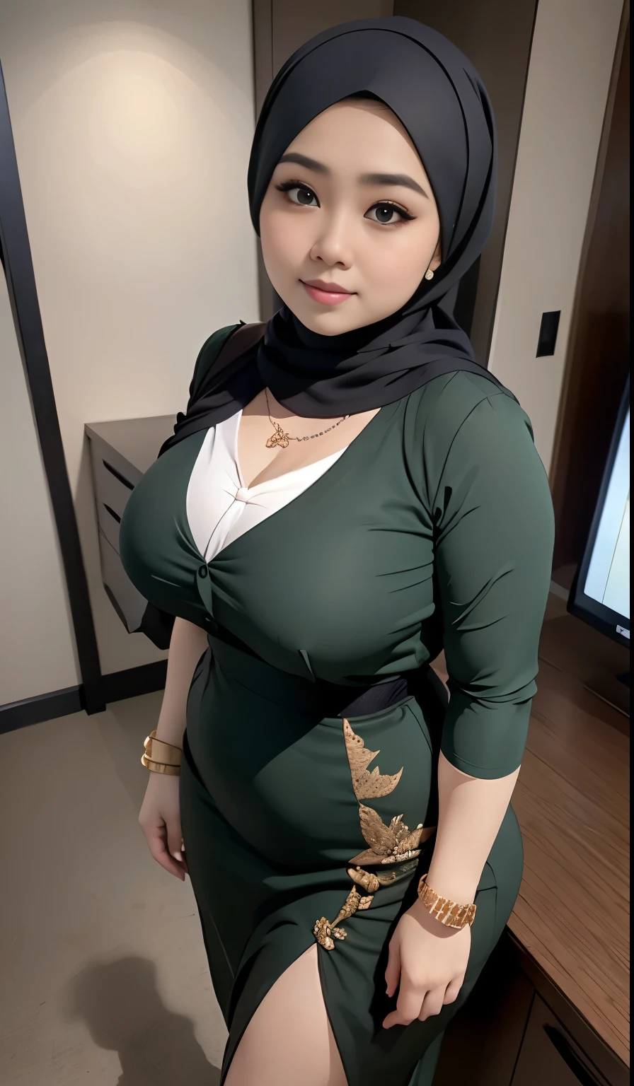 1 malay girl, modern plain hijab, shy, medium portrait, watery eyes, wearing dark green kebaya, ((big breasts)), black bokeh background, well-proportioned body,, chubby massive thighs, full body pose, wearing a necklace , wearing 10 bracelet , wearing a sneaker 