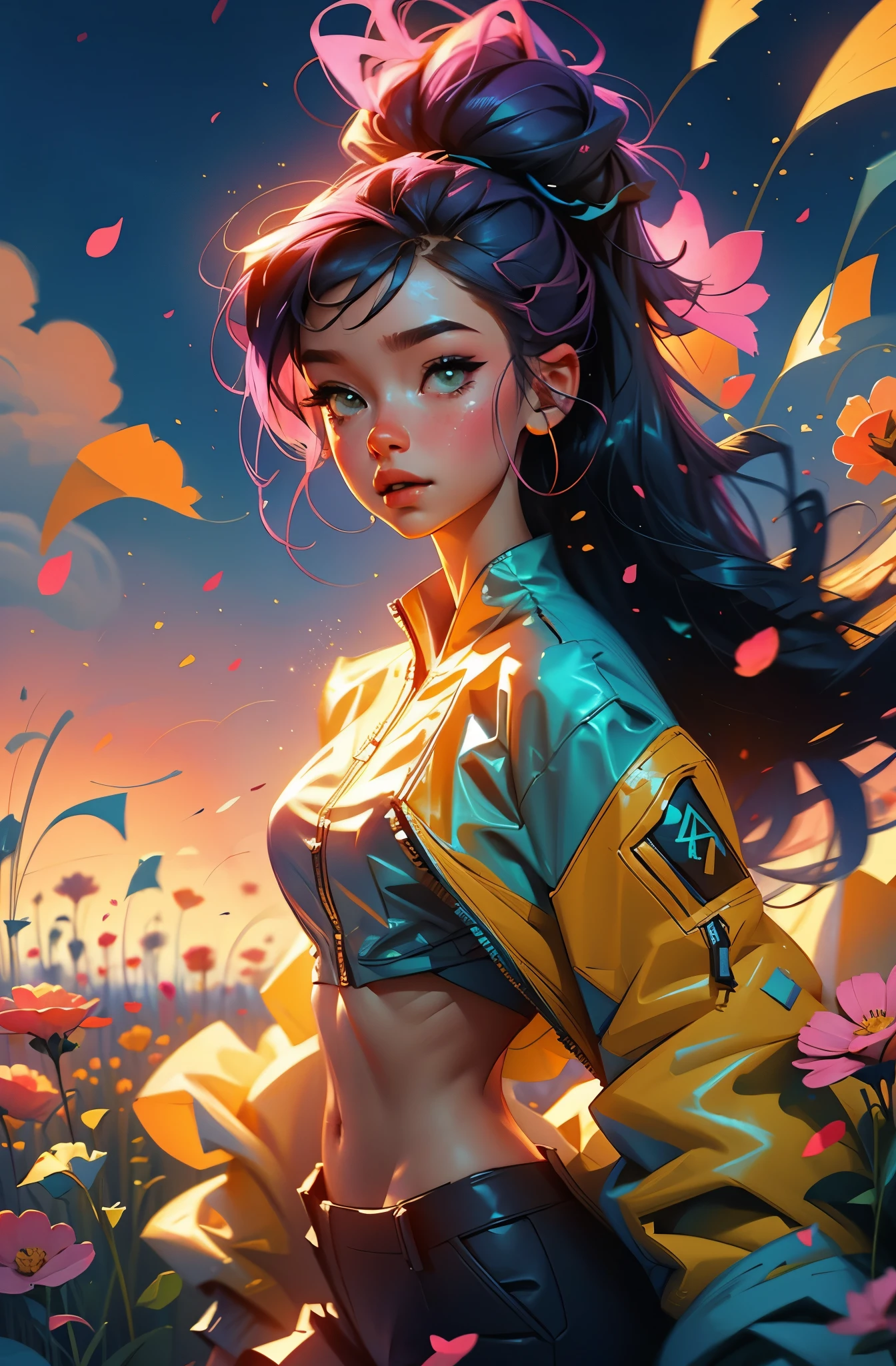 award winning digital art, half body portrait of a beautiful woman in a pink crop top and cargo pants with navy blue teal hairstyle with head in motion and long hair flying, in a flower field, golden sunset, particles dust, glitter, paint splashes, splatter, outrun, vaporware, shaded flat illustration, digital art, trending on artstation, highly detailed, fine detail, intricate