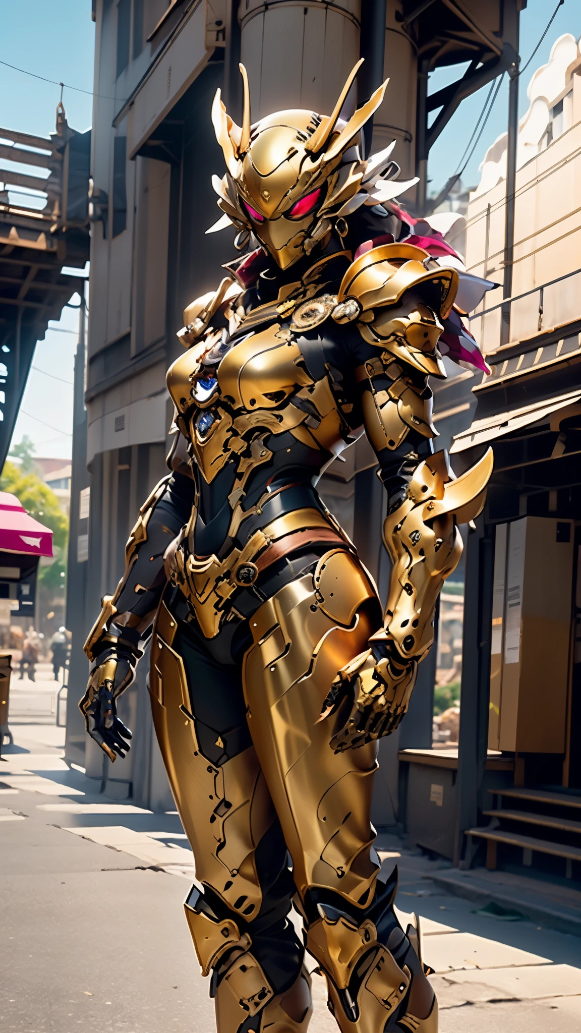 A woman adorned in fantasy-style full-body armor, a crown-concept fully enclosed helmet that unveils only her eyes, a composite layered chest plate, fully encompassing shoulder and hand guards, a lightweight waist armor, form-fitting shin guards, the overall design is heavy-duty yet flexible, ((the armor gleams with a golden glow, complemented by red and blue accents)), exhibiting a noble aura, she floats above a fantasy-surreal high-tech city, this character embodies a finely crafted fantasy-surreal style armored hero in anime style, exquisite and mature manga art style, (Queen bee mixed with Spider concept Armor), ((Eastern European, elegant, goddess, femminine:1.5)), metallic, high definition, best quality, highres, ultra-detailed, ultra-fine painting, extremely delicate, professional, anatomically correct, symmetrical face, extremely detailed eyes and face, high quality eyes, creativity, RAW photo, UHD, 32k, Natural light, cinematic lighting, masterpiece-anatomy-perfect, masterpiece:1.5