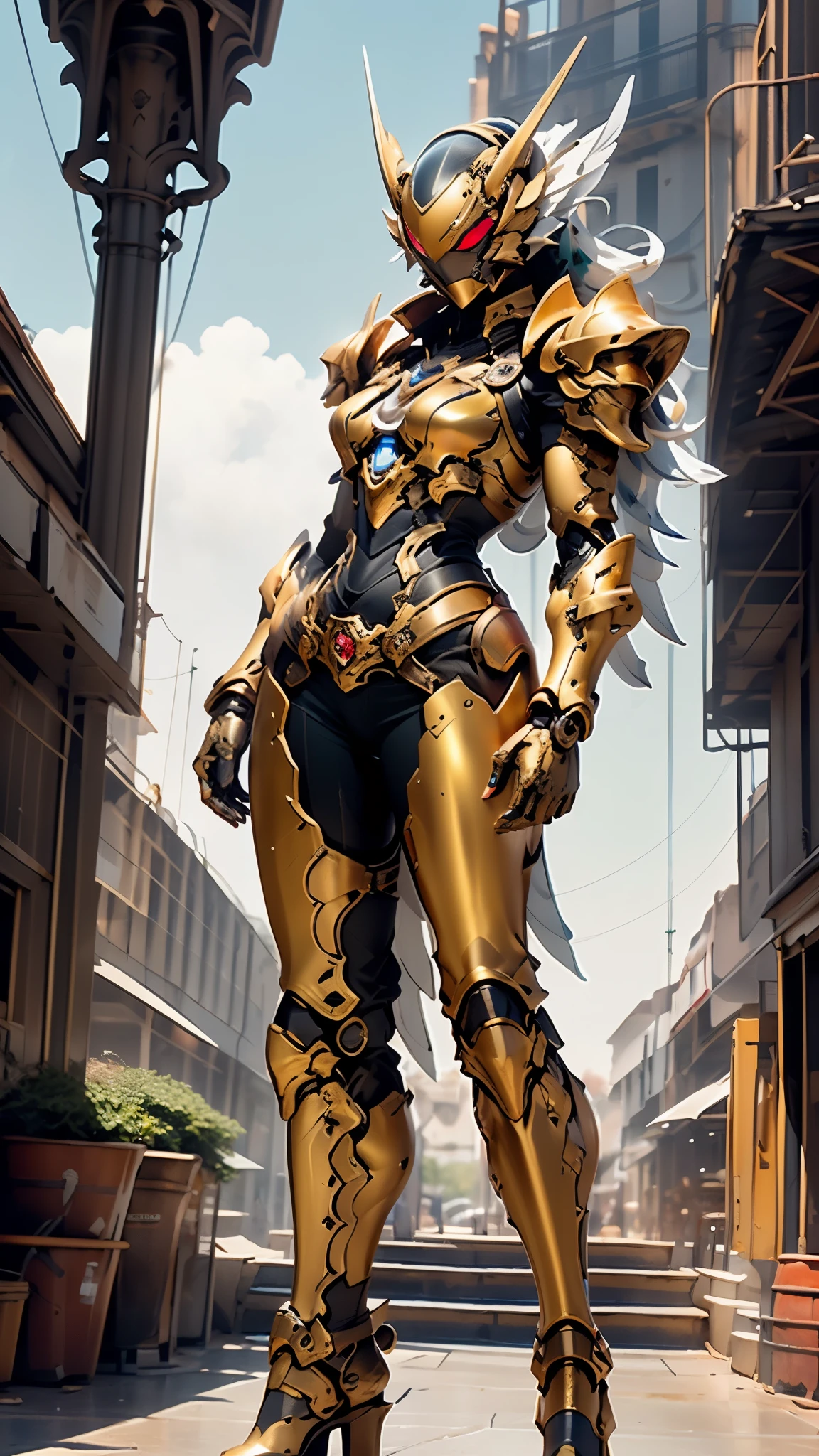 A woman adorned in fantasy-style full-body armor, a crown-concept fully enclosed helmet that unveils only her eyes, a composite layered chest plate, fully encompassing shoulder and hand guards, a lightweight waist armor, form-fitting shin guards, the overall design is heavy-duty yet flexible, ((the armor gleams with a golden glow, complemented by red and blue accents)), exhibiting a noble aura, she floats above a fantasy-surreal high-tech city, this character embodies a finely crafted fantasy-surreal style armored hero in anime style, exquisite and mature manga art style, (Queen bee mixed with Spider concept Armor), ((Eastern European, elegant, goddess, femminine:1.5)), metallic, high definition, best quality, highres, ultra-detailed, ultra-fine painting, extremely delicate, professional, anatomically correct, symmetrical face, extremely detailed eyes and face, high quality eyes, creativity, RAW photo, UHD, 32k, Natural light, cinematic lighting, masterpiece-anatomy-perfect, masterpiece:1.5