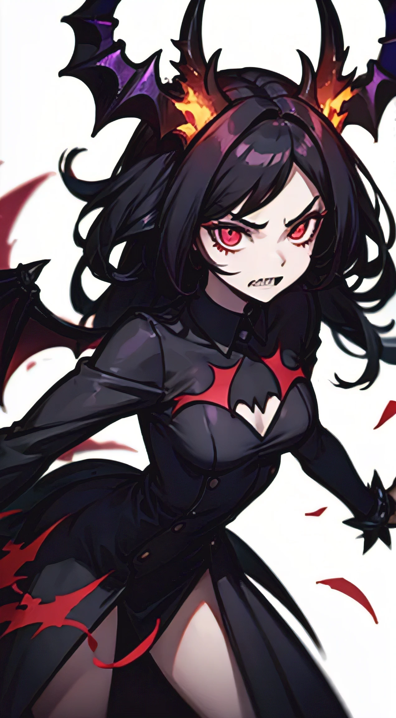 beautiful demon woman with long black hair, sharp teeth, furious, battle, glowing red eyes, bat wings on back, ram horns, angry, fight, fireball, hazbin hotel
