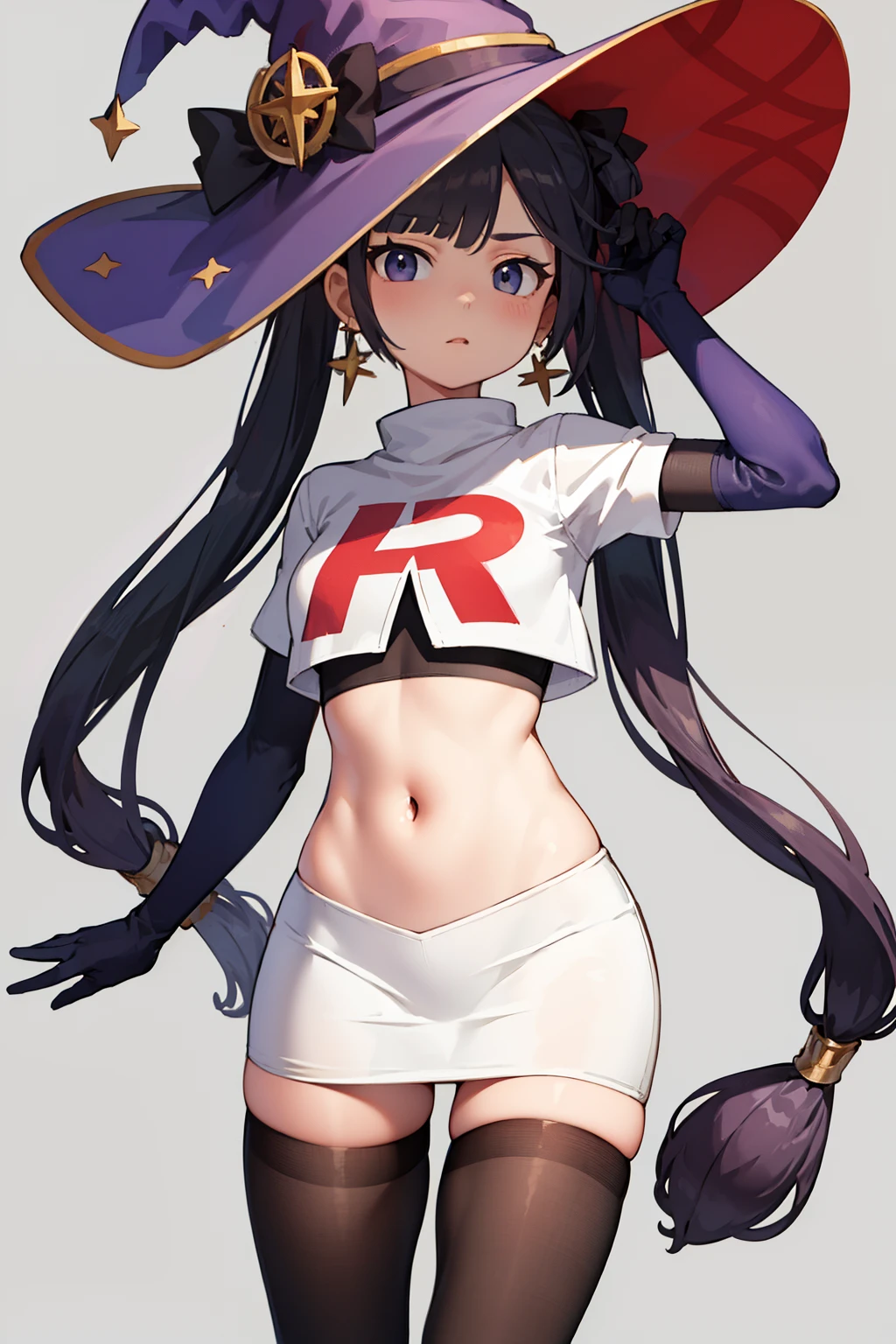 ((masterpiece,best quality)), team rocket,team rocket uniform, red letter R, white skirt,white crop top,black thigh-highs,black elbow gloves zettai ryouiki, aamona, long hair, twintails, hair ornament, black ribbon, earrings, witch hat, purple headwear, cowboy shot,