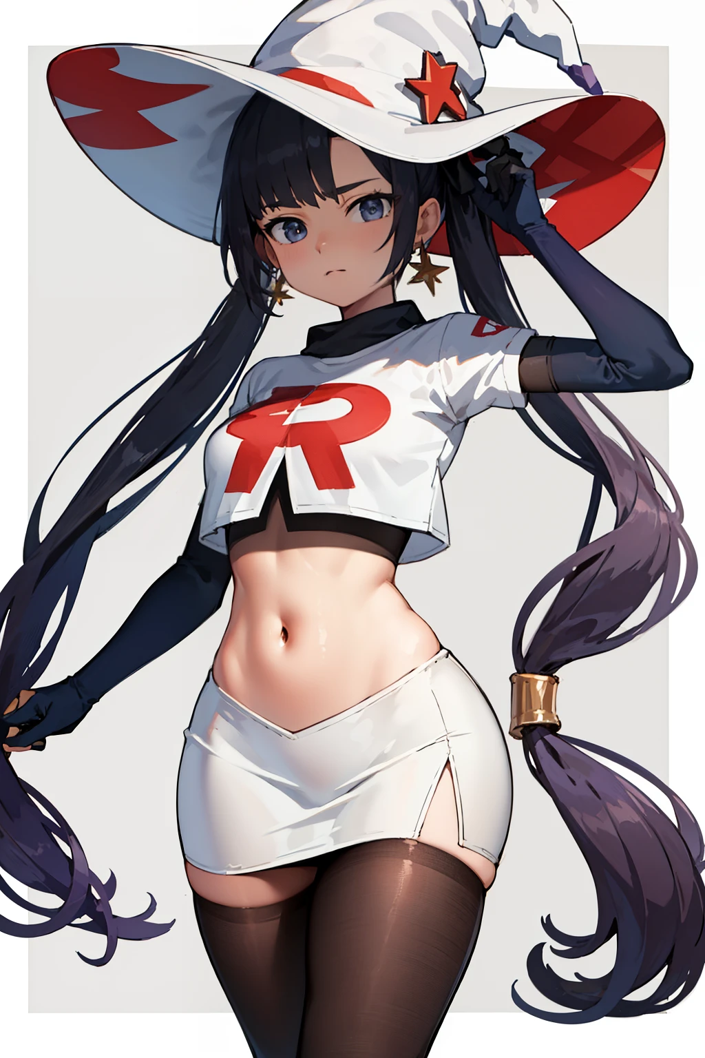 ((masterpiece,best quality)), team rocket,team rocket uniform, red letter R, white skirt,white crop top,black thigh-highs,black elbow gloves zettai ryouiki, aamona, long hair, twintails, hair ornament, black ribbon, earrings, witch hat, purple headwear, cowboy shot,