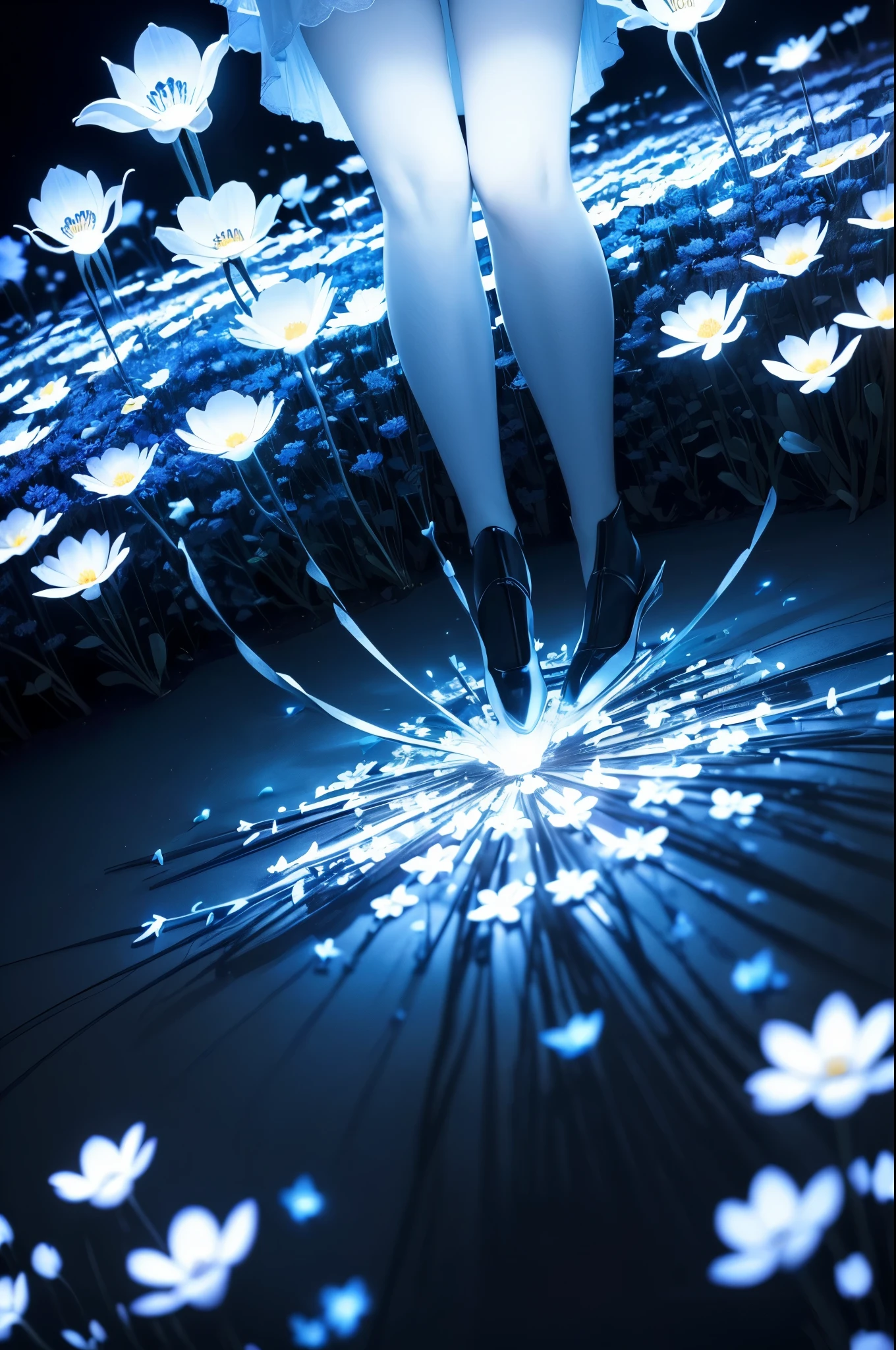 there are many white flowers in the dark with a black background, glowing flowers, luminous flowers, beautiful blue lights, glowing blue, bioluminescent plants, night sky full of flowers, by Bruce Munro, blues. beautiful, ethereal blue lighting, blue lights, field of flowers at night, blue flowers, blue bioluminescence