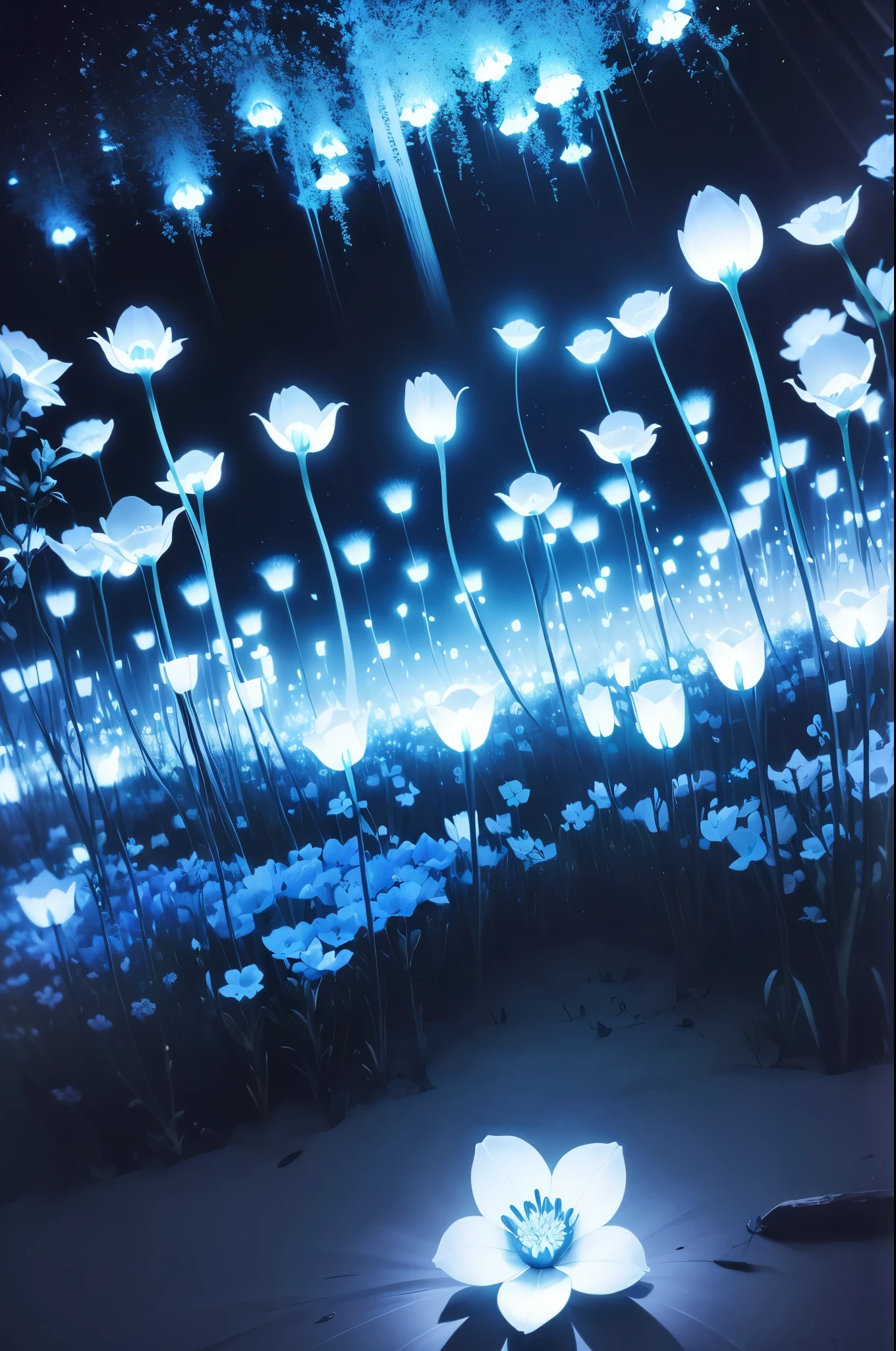 there are many white flowers in the dark with a black background, glowing flowers, luminous flowers, beautiful blue lights, glowing blue, bioluminescent plants, night sky full of flowers, by Bruce Munro, blues. beautiful, ethereal blue lighting, blue lights, field of flowers at night, blue flowers, blue bioluminescence