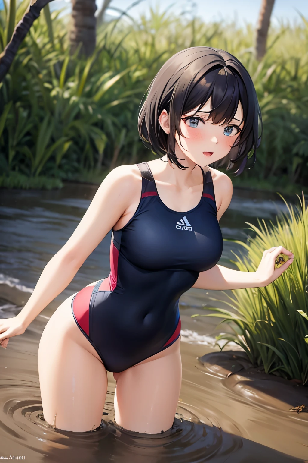 1 girl,beautiful thighs,short hair,black hair,navy blue competitive swimsuit,blush,crying face,embarrassing,girl helping hand,jungle,(Grassy:1.3),swamp,Bottomless swamp,