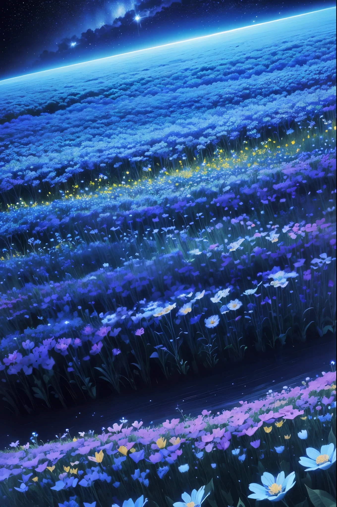 night sky with stars and flowers, field of flowers at night, night sky full of flowers, moonlight shining on wildflowers, blue flower field, luminous flowers, glowing flowers, by Kaii Higashiyama, by Kose Kanaoka, starry-night!!!!!!!!!!!!!!!!!!!!, by Eizan Kikukawa, by Maki Haku, 🌺 cgsociety
