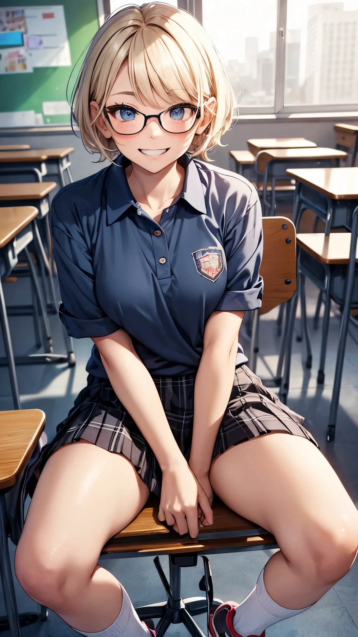 ((Inside the school,inside the classroom)),desk,chair,one 18-aged girl, blonde short hair colored mixed blue hair, sitting on the chair, spreading her legs,wearing glasses,grin, smile,natural-make-up,high school uniform,blouse, skirts, ((socks,sneakers))