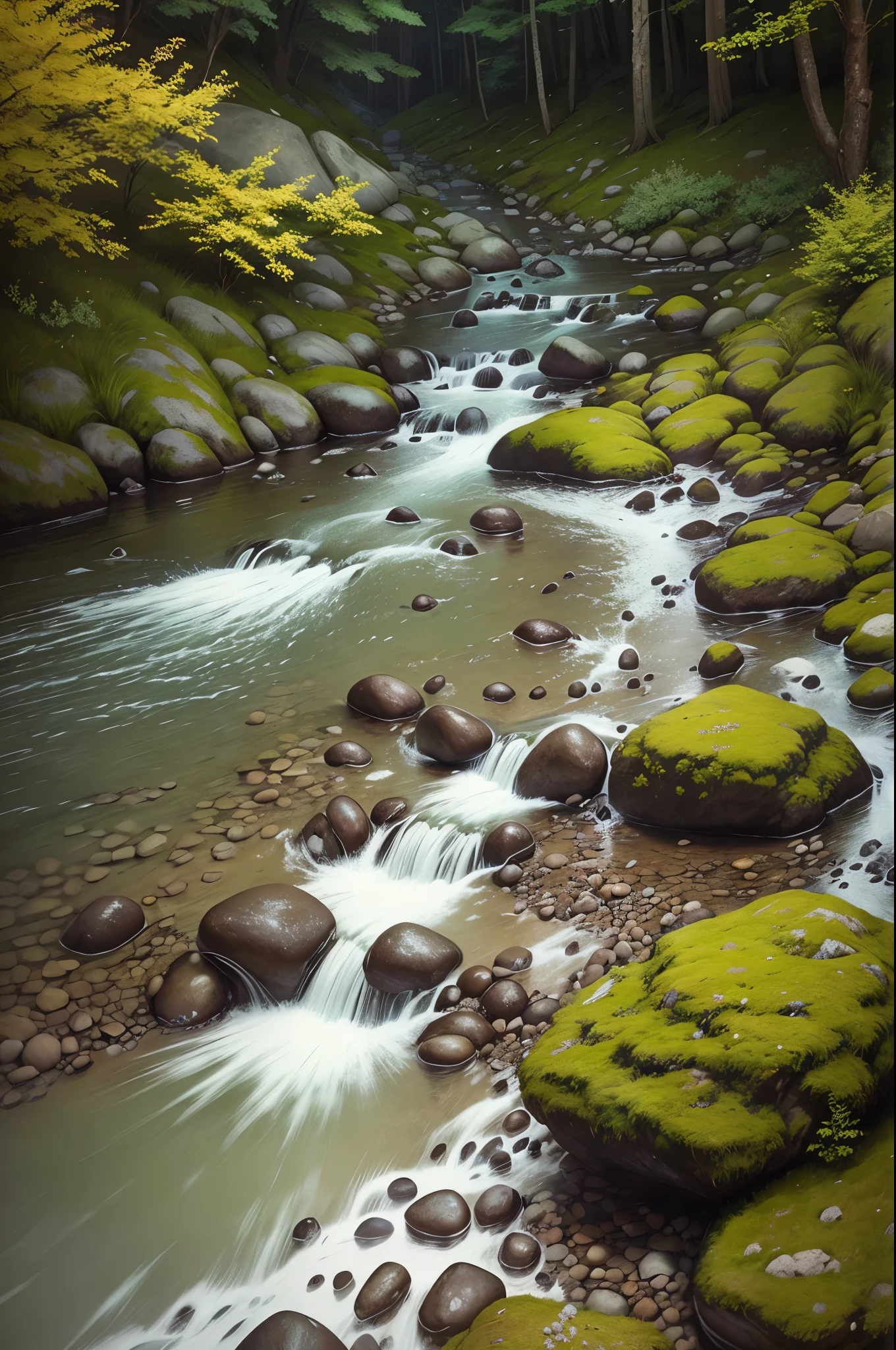 there is a stream running through a rocky field with rocks and grass, a digital rendering by Rainer Maria Latzke, flickr, land art, dry river bed, real-life brook, streams and rocks, flowing clear water creek bed, babbling brook, small stream, streams, pools and streams, small river on the ground, stream, wet grass and stones