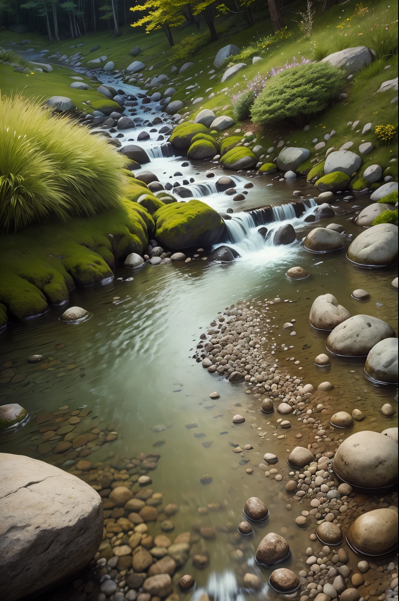 there is a stream running through a rocky field with rocks and grass, a digital rendering by Rainer Maria Latzke, flickr, land art, dry river bed, real-life brook, streams and rocks, flowing clear water creek bed, babbling brook, small stream, streams, pools and streams, small river on the ground, stream, wet grass and stones