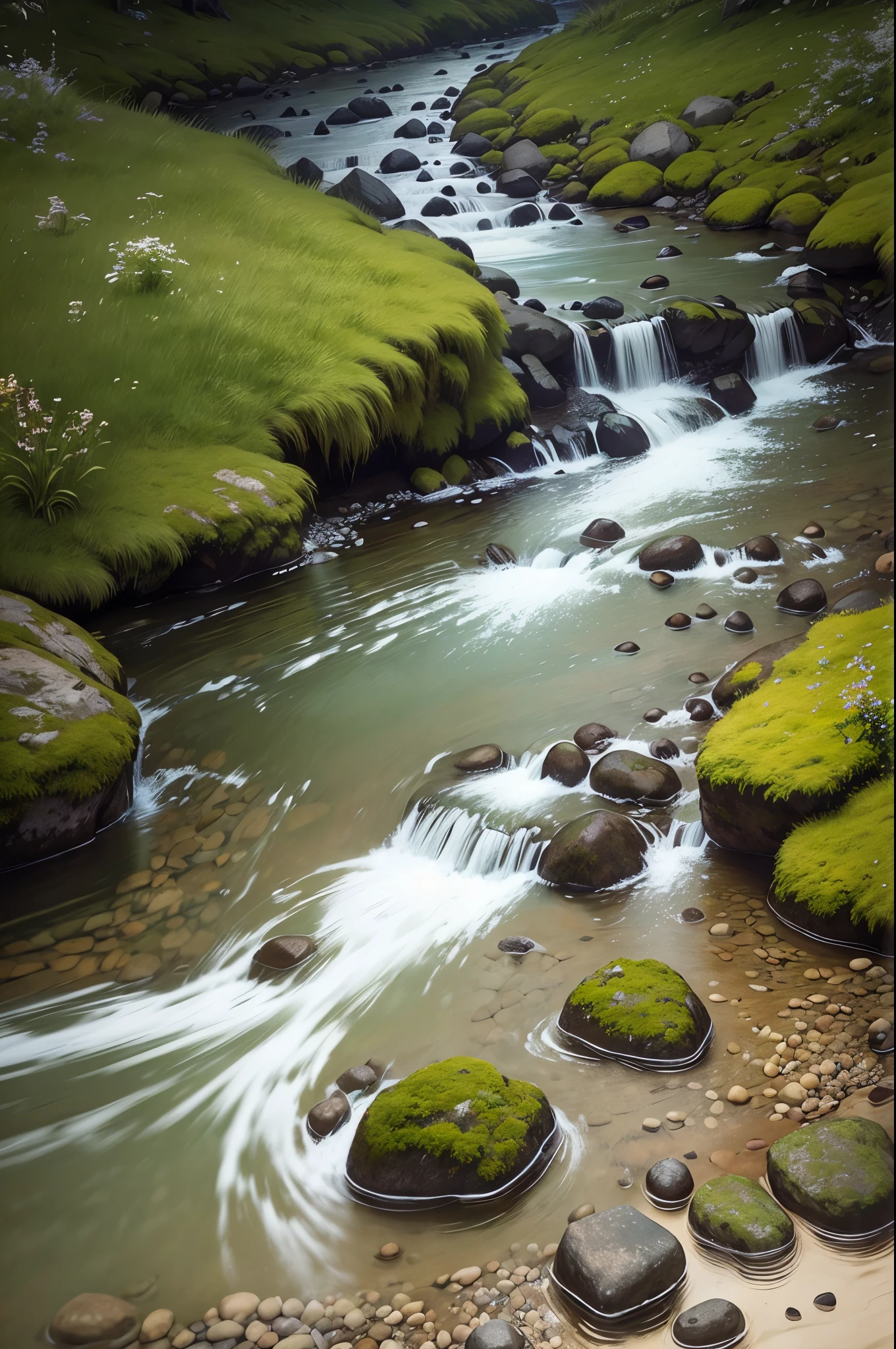 there is a stream running through a rocky field with rocks and grass, dry river bed, real-life brook, streams and rocks, flowing clear water creek bed, babbling brook, small stream, streams, pools and streams, small river on the ground, stream, wet grass and stones, river with low hanging plants, by Rainer Maria Latzke