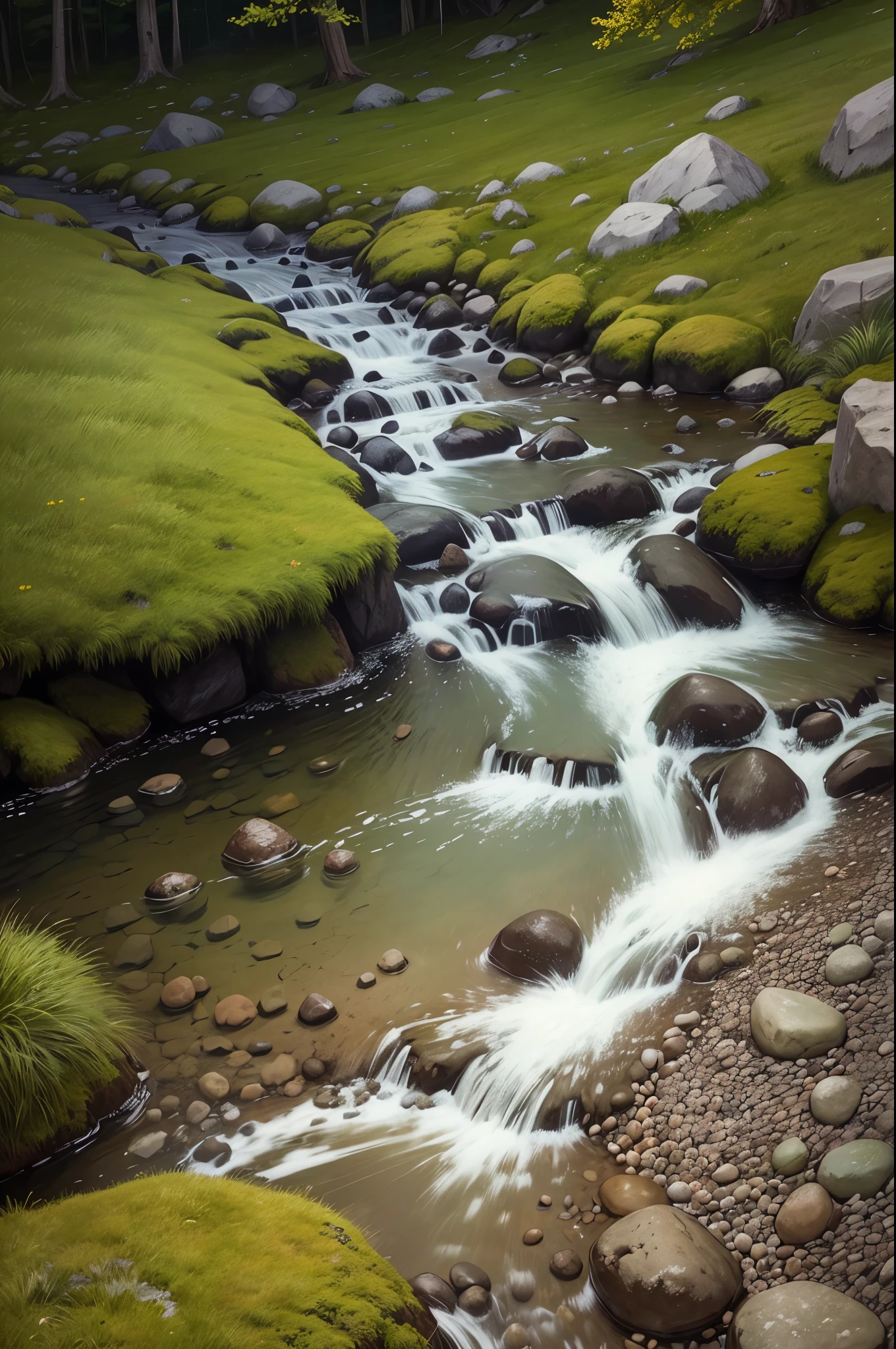 there is a stream running through a rocky field with rocks and grass, dry river bed, real-life brook, streams and rocks, flowing clear water creek bed, babbling brook, small stream, streams, pools and streams, small river on the ground, stream, wet grass and stones, river with low hanging plants, by Rainer Maria Latzke