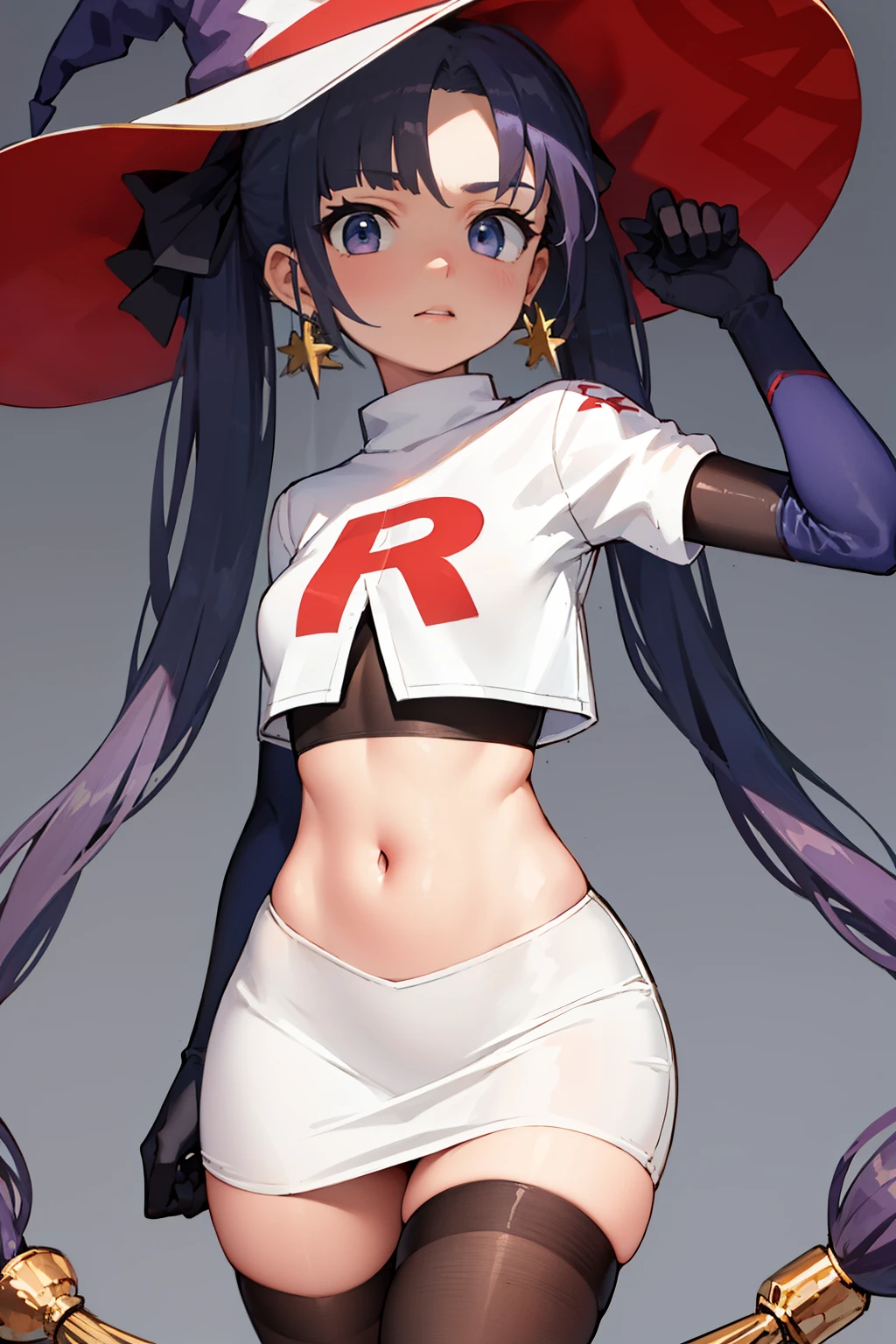 ((masterpiece,best quality)), team rocket,team rocket uniform, red letter R, white skirt,white crop top,black thigh-highs,black elbow gloves zettai ryouiki, aamona, long hair, twintails, hair ornament, black ribbon, earrings, witch hat, purple headwear, cowboy shot,