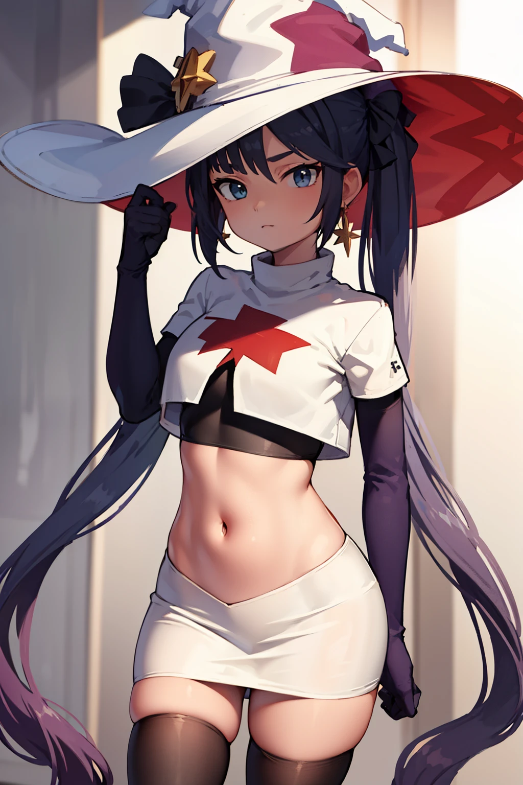 ((masterpiece,best quality)), team rocket,team rocket uniform, red letter R, white skirt,white crop top,black thigh-highs,black elbow gloves zettai ryouiki, aamona, long hair, twintails, hair ornament, black ribbon, earrings, witch hat, purple headwear, cowboy shot,