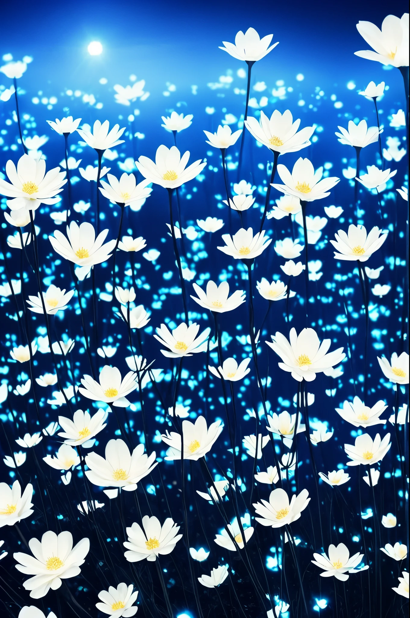 there are many white flowers in the dark with a black background, digital art by Bruce Munro, flickr, conceptual art, glowing flowers, luminous flowers, beautiful blue lights, glowing blue, bioluminescent plants, night sky full of flowers, blues. beautiful, ethereal blue lighting, blue lights, field of flowers at night, blue flowers