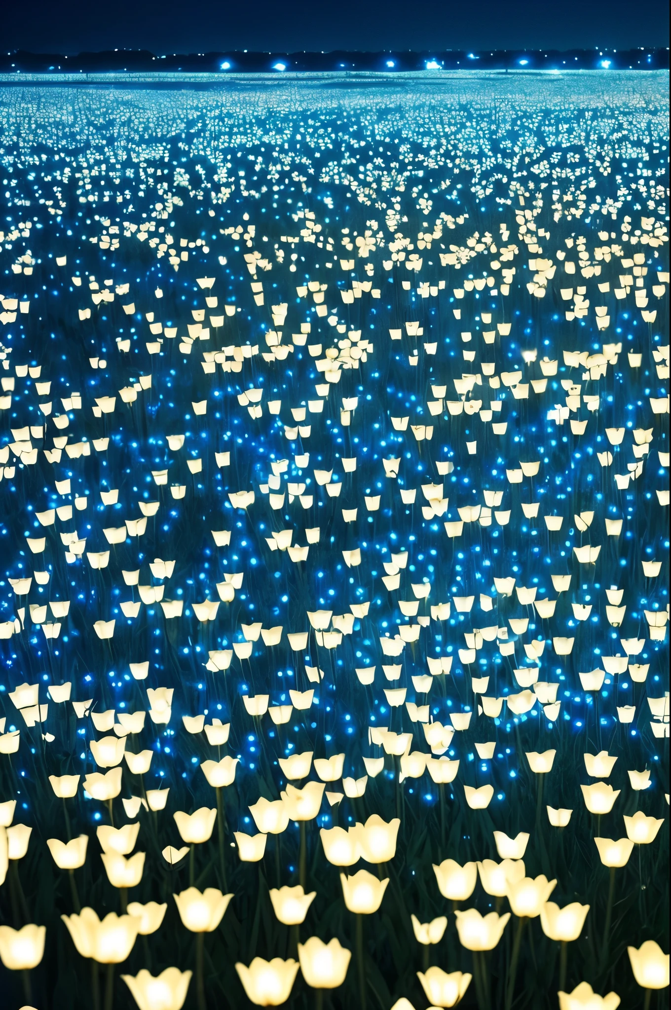 there are many white flowers in the dark with a black background, digital art by Bruce Munro, flickr, conceptual art, glowing flowers, luminous flowers, beautiful blue lights, glowing blue, bioluminescent plants, night sky full of flowers, blues. beautiful, ethereal blue lighting, blue lights, field of flowers at night, blue flowers