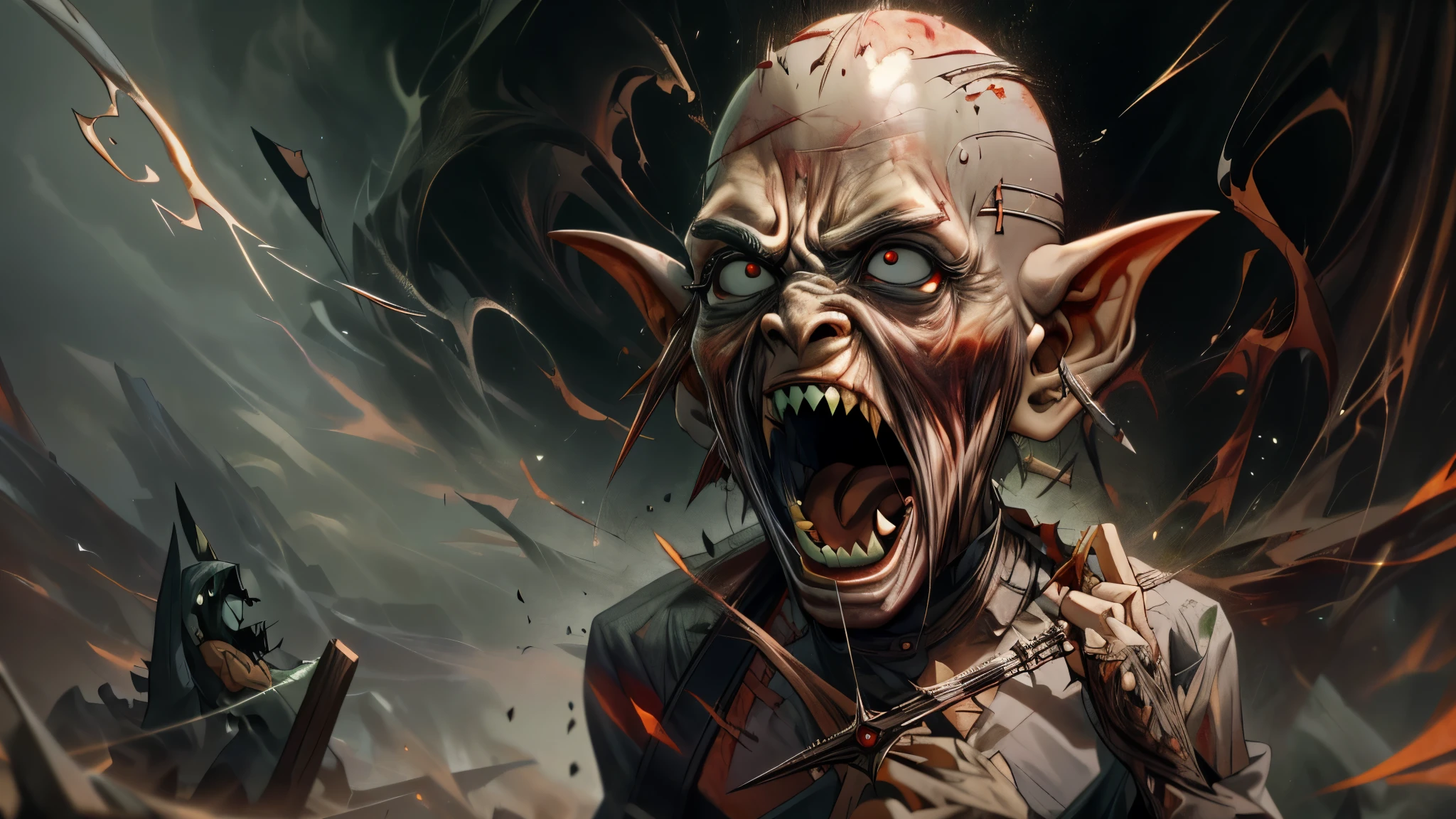 (master piece), 8k, best quality, panoramic view, Goblins, green, infantilized, black eyes with pain, evil, huge pointed ears, sharp teeth, bald, thin, 1 meter, 1.20 cm tall, dirty torn cloth clothing, screaming in intense pain, confusion and despair, smoke coming out of the body