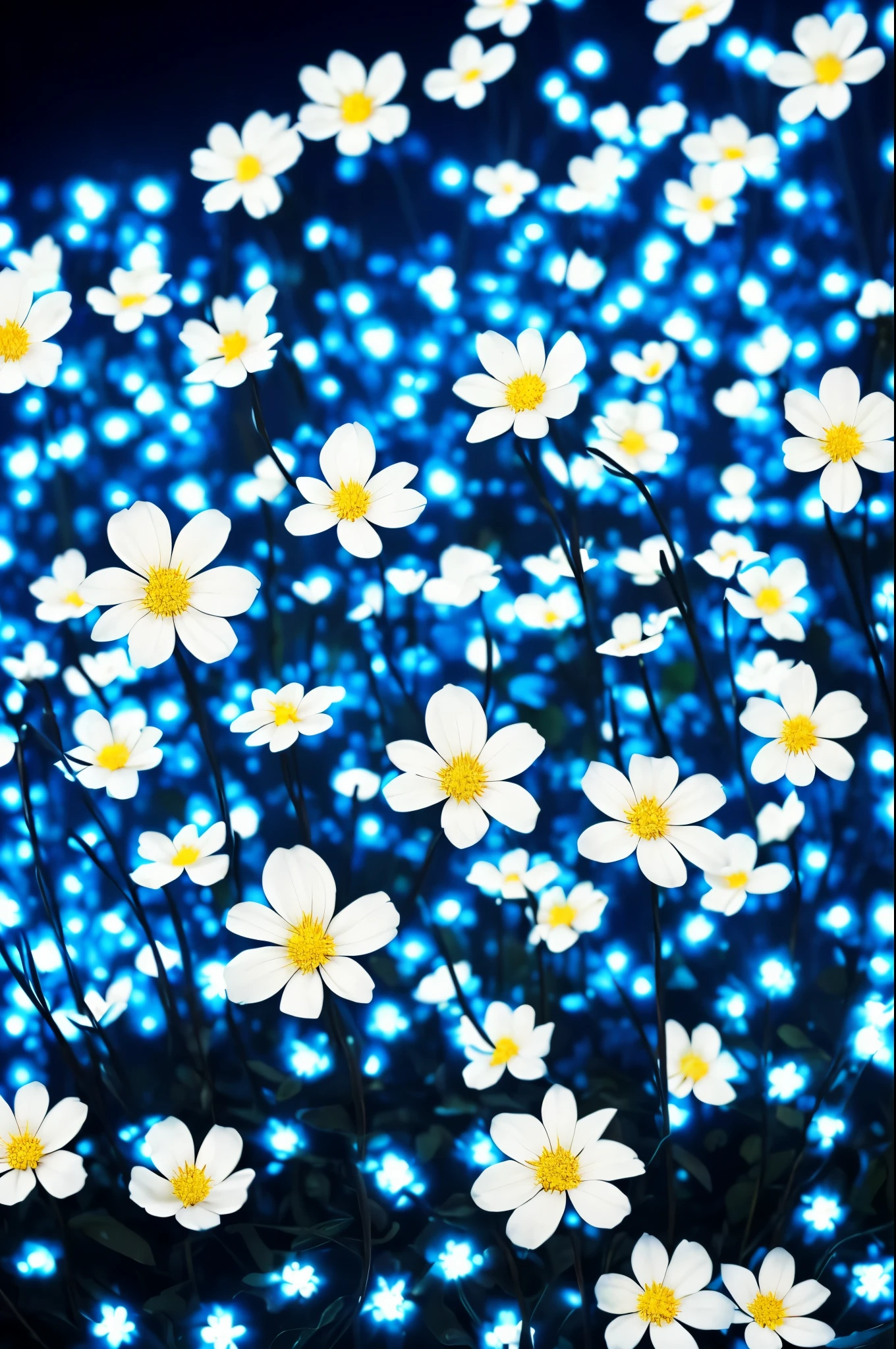 there are many white flowers in the dark with a black background, glowing flowers, luminous flowers, beautiful blue lights, glowing blue, bioluminescent plants, night sky full of flowers, by Bruce Munro, blues. beautiful, ethereal blue lighting, blue lights, field of flowers at night, blue flowers, blue bioluminescence