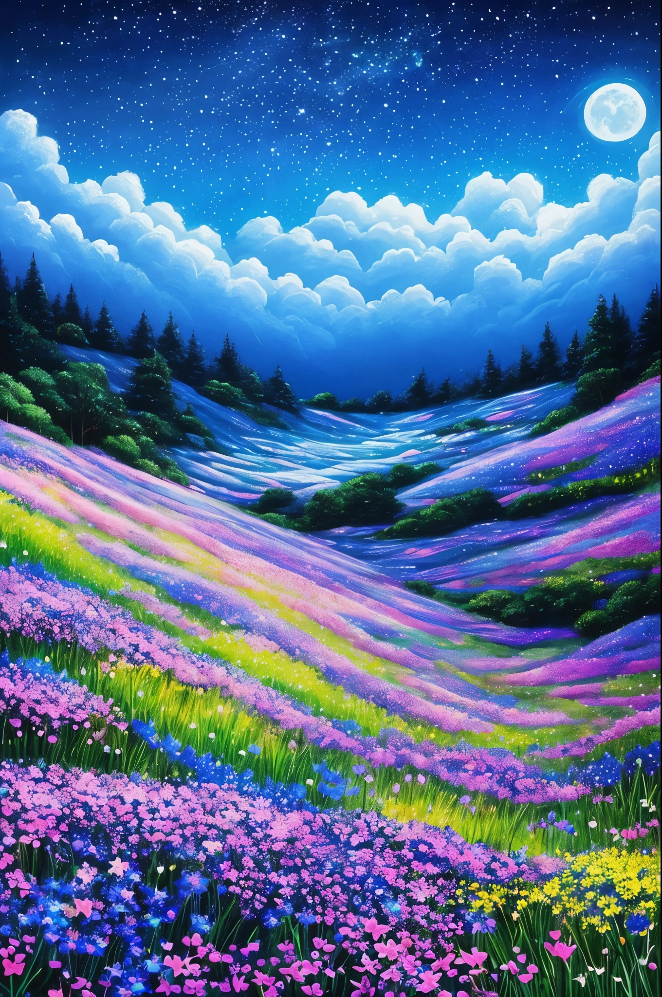 night sky with stars and flowers, a digital painting by Kaii Higashiyama, deviantart, conceptual art, field of flowers at night, night sky full of flowers, moonlight shining on wildflowers, blue flower field, luminous flowers, glowing flowers, starry-night!!!!!!!!!!!!!!!!!!!!, 🌺 cgsociety, blue flowers bloomed all over, blue flowers, blue fireflies