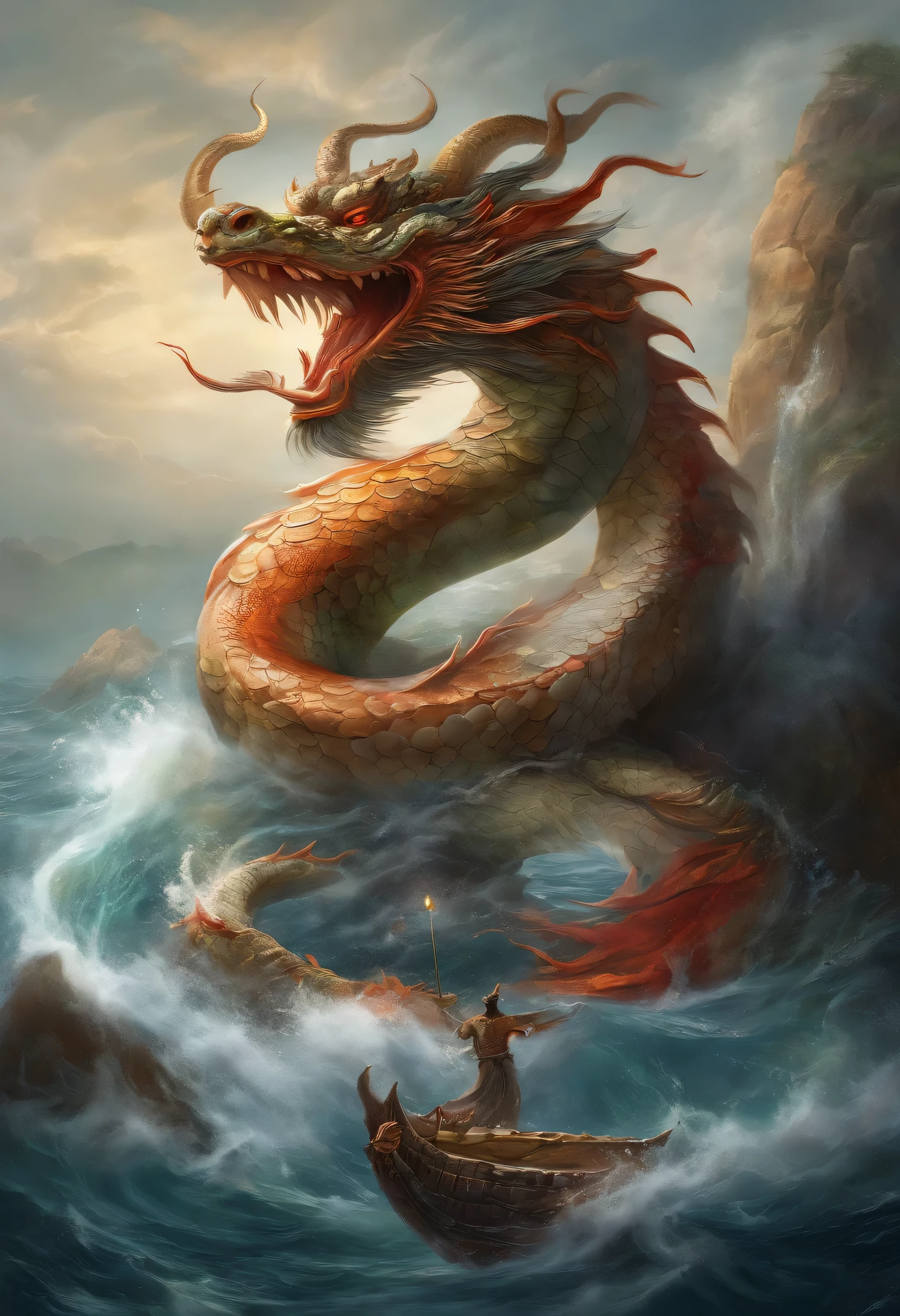 浮世绘风格 ocean报设计中的图形是ocean洋色, 水墨画中的中国dragonturtle, 和dragon的组合, Red, as water god, 生活在北ocean, 控制ocean上雷暴, an ancient Chinese god, turtle, dragon, ocean, Stone, super sharp,Details are presented realistically,Xiangyun, depth of field, divine thunder, fantasy coloring, , Decorative Arts, stunning lighting, depth of field浅意, shiny, divine light, Ray tracing, super wide angle, First-person perspective,top down , width, ultra high definition, high quality, Very detailed, textured skin, best quality