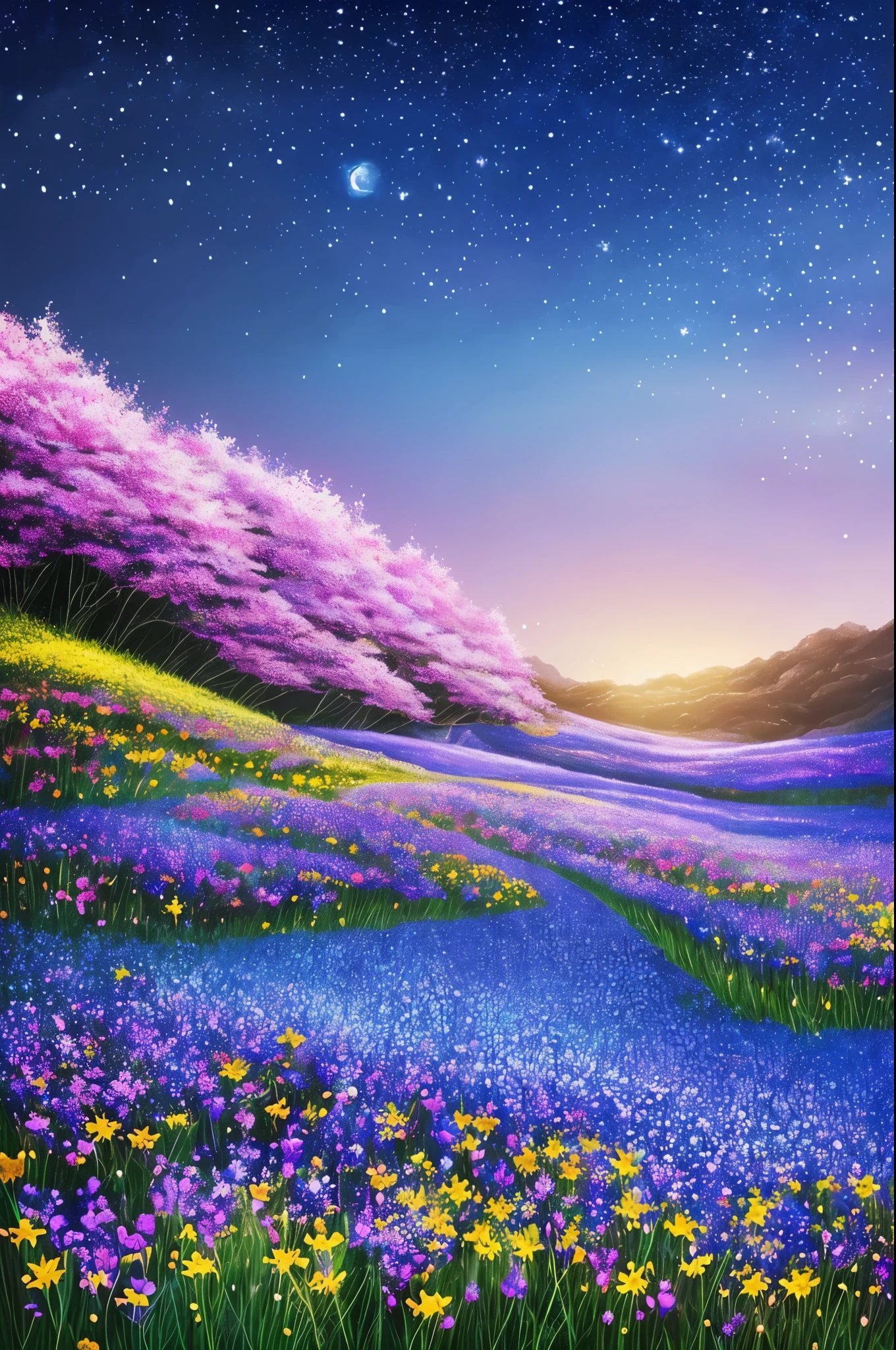 night sky with stars and flowers, a digital painting by Kaii Higashiyama, deviantart, conceptual art, field of flowers at night, night sky full of flowers, moonlight shining on wildflowers, blue flower field, luminous flowers, glowing flowers, starry-night!!!!!!!!!!!!!!!!!!!!, 🌺 cgsociety, blue flowers bloomed all over, blue flowers, blue fireflies
