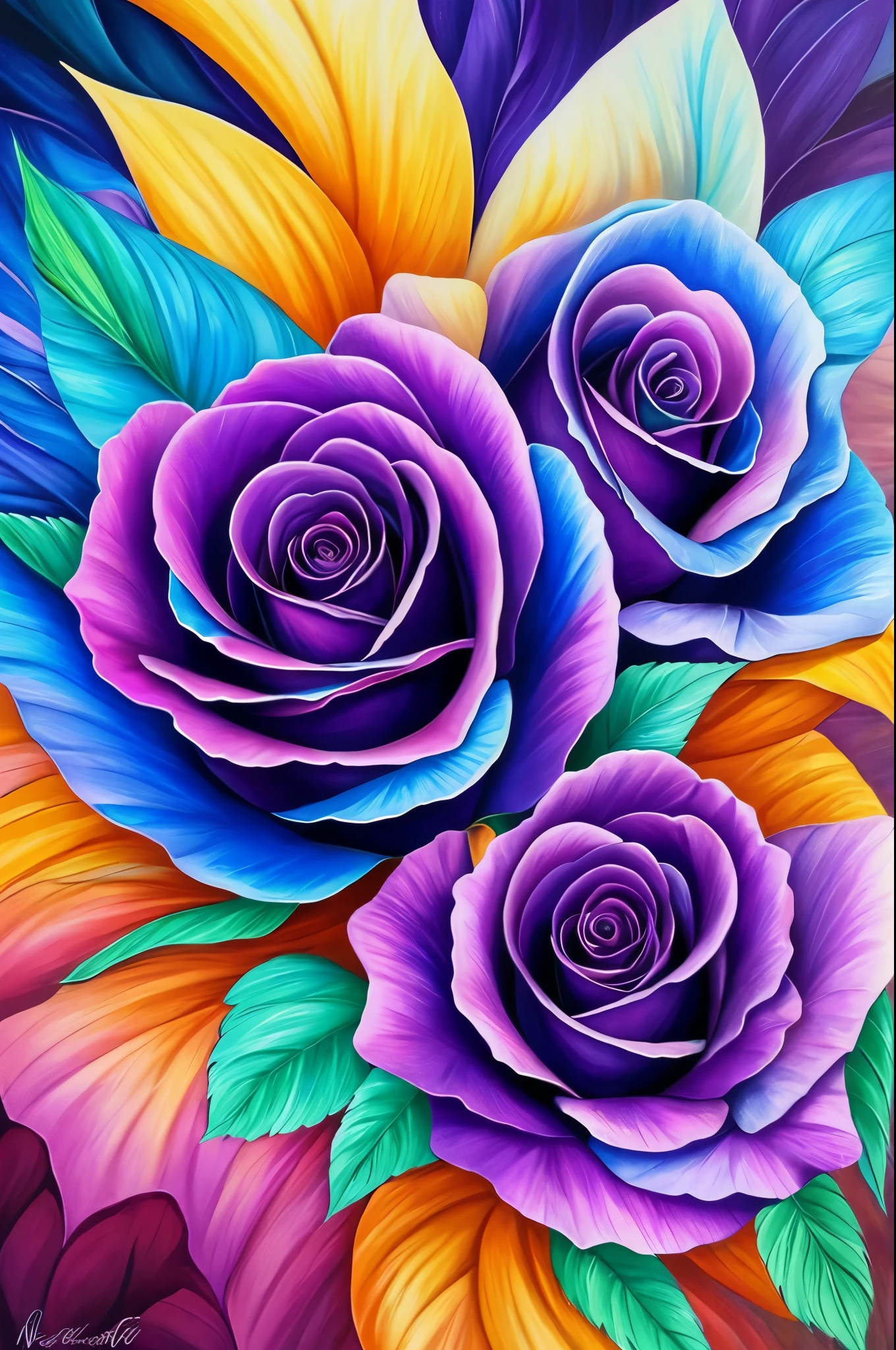 a painting of a rose with purple and blue flowers, an airbrush painting by Nene Thomas, trending on deviantart, fantasy art, beautiful color art!, beautiful!!! digital art, beautiful gorgeous digital art, beautiful detail and color, gorgeous digital art, gorgeous colors, magical colorful flowers, rich flower colors, beautiful digital art, ✏️🎨, beautiful vibrant colors