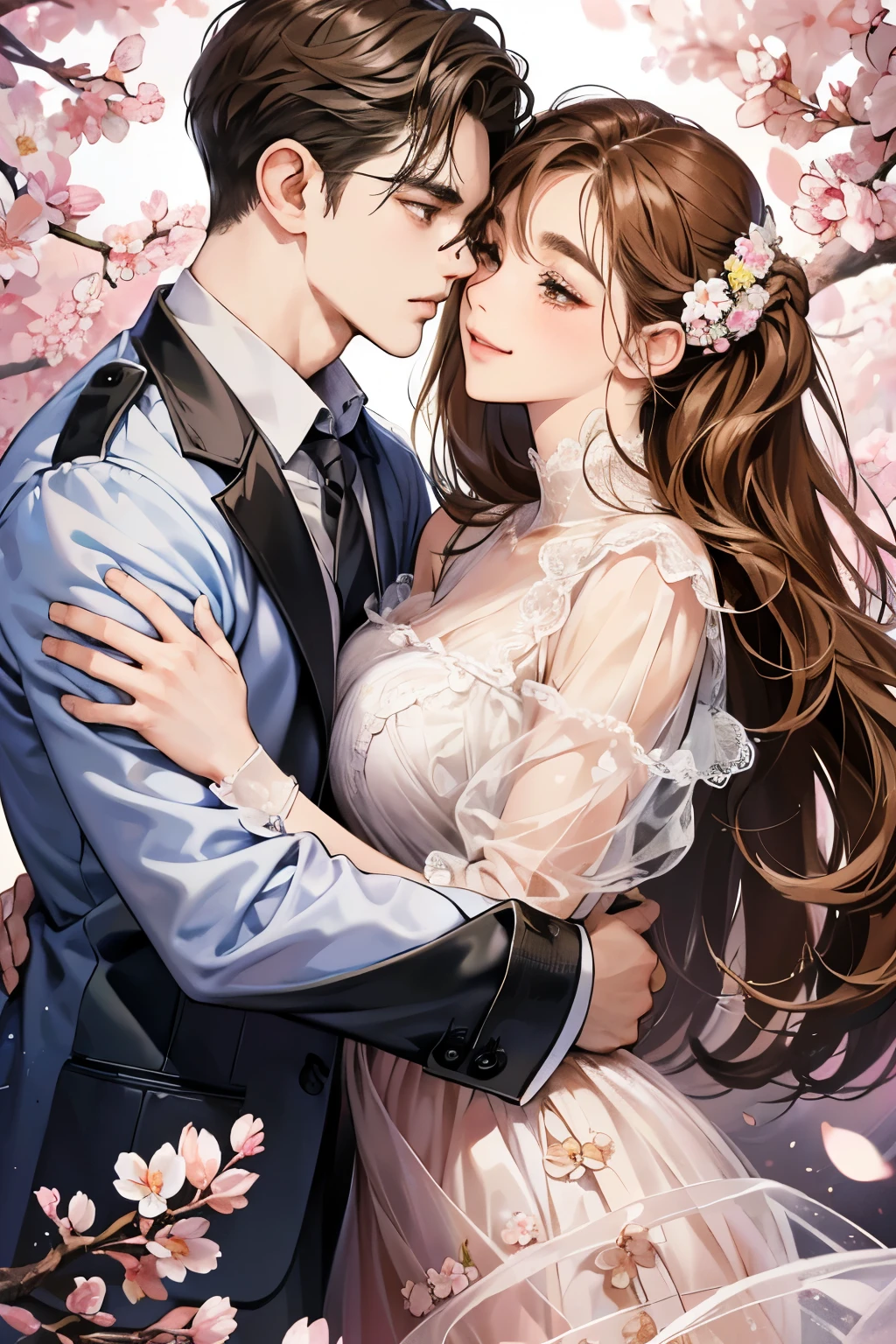 (table top, digital illustration, 4k, 8k, Super detailed, beautiful images, clear image, perfect face, perfect lines, perfect eyes, soft lighting) 1 female, (light brown hair,chignon hair,innocent look,droopy eyebrows,droopy eyes、With a round face,round chin、innocence,cute,Big eyes,natural makeup,smile gently,E cup,23 years old:1.3),Two handsome men in suits, (human,man in suit,muscular,solid shoulder width, boyish hairstyle,A man in his 30s with a cool expression,28 year old man with a bright smile:1.2),garden full of light、lots of flowers、Squirting、colorful flower light,(embarrassing,shy smile:1.2),resort sofa,kiss、カップルkiss、romance porn、couple of man and woman hugging each other、cherry blossoms、Cherry-blossom viewing