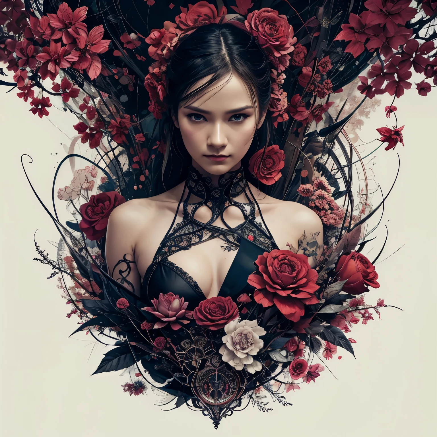 official art, unity 8k wallpaper, ultra detailed, beautiful and aesthetic, masterpiece, best quality, (zentangle, mandala, tangle, entangle), (fractal art:1.3) , 1girl, red flowers,  extremely detailed, dynamic angle, cowboyshot, the most beautiful form of chaos, elegant, a brutalist designed, vivid colours, romanticism, by james jean, roby dwi antono, ross tran, francis bacon, michal mraz, adrian ghenie, petra cortright, gerhard richter, takato yamamoto, ashley wood, atmospheric