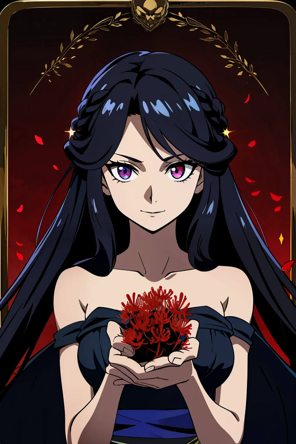 (high-quality, breathtaking),(expressive eyes, perfect face) 1girl, girl, solo, adult, black color hair, glowing hair, constellations on skin, stars in hair, long black dress, sleeveless, armband on left arm, white coloured eyes, byakugan eyes, stylised hair, gentle smile, long length hair, loose hair, side swept bangs, soft wavey hair, looking at viewer, portrait, ancient greek clothes, blue black and tunic, greek, blue and black sash, darkness inspired background, related to Nyx, elegent, regal, beautiful, a shaul of darkness decorated with stars, Greek Myth, soft make up, cosmos, starlight, goddess of the night, holding skull in hand, piercing blood red moon, ominous background, red spider lily flowers background, flying red petals background
