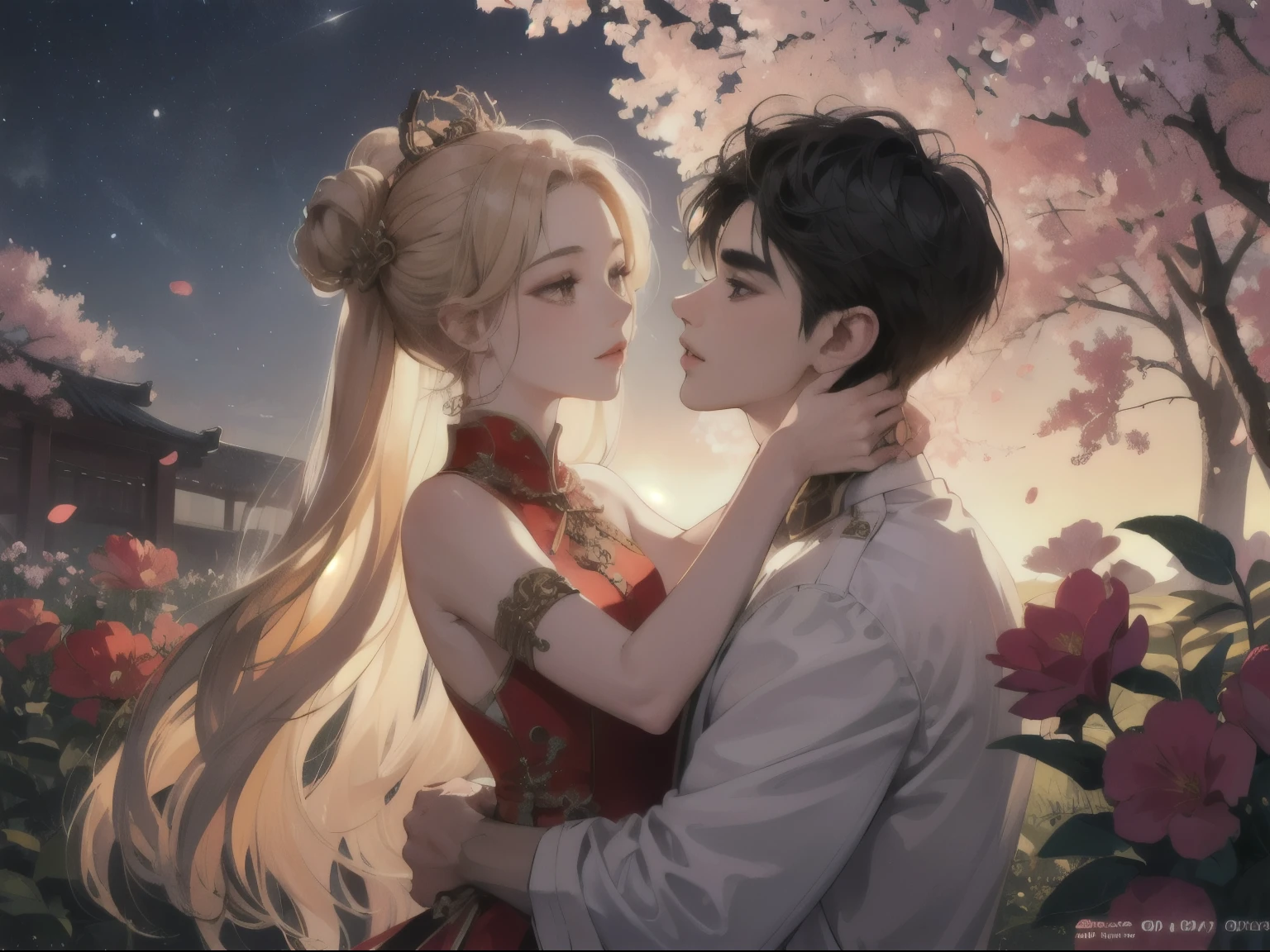 man and woman lover hugging in a chinese wedding clothing in a flower park, in the style of artgerm, soft, romantic scenes, dao trong le, aurorapunk, darkly romantic, kingcore, naïve drawing,Wear ancient Chinese clothes,((Beautiful Fantasy Empress)),artwork in the style of Gouvice, anime style((best quality)), ((Masterpiece)), (details), perfect face