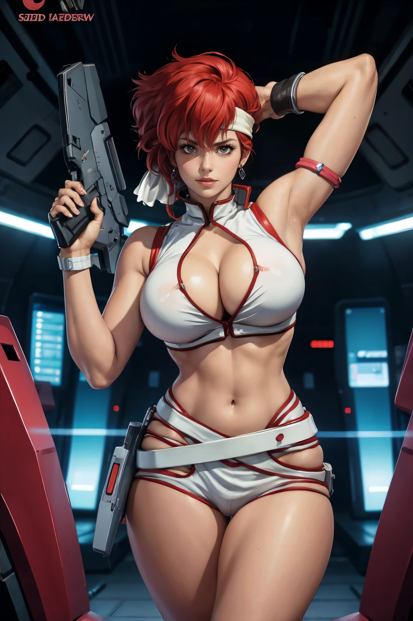 Kei from The Dirty Pair wearing a skimpy white outfit, cleavage, red hair beauty, cyberpunk city background, holding retro space-gun, green headband, slim waist, thigh gap