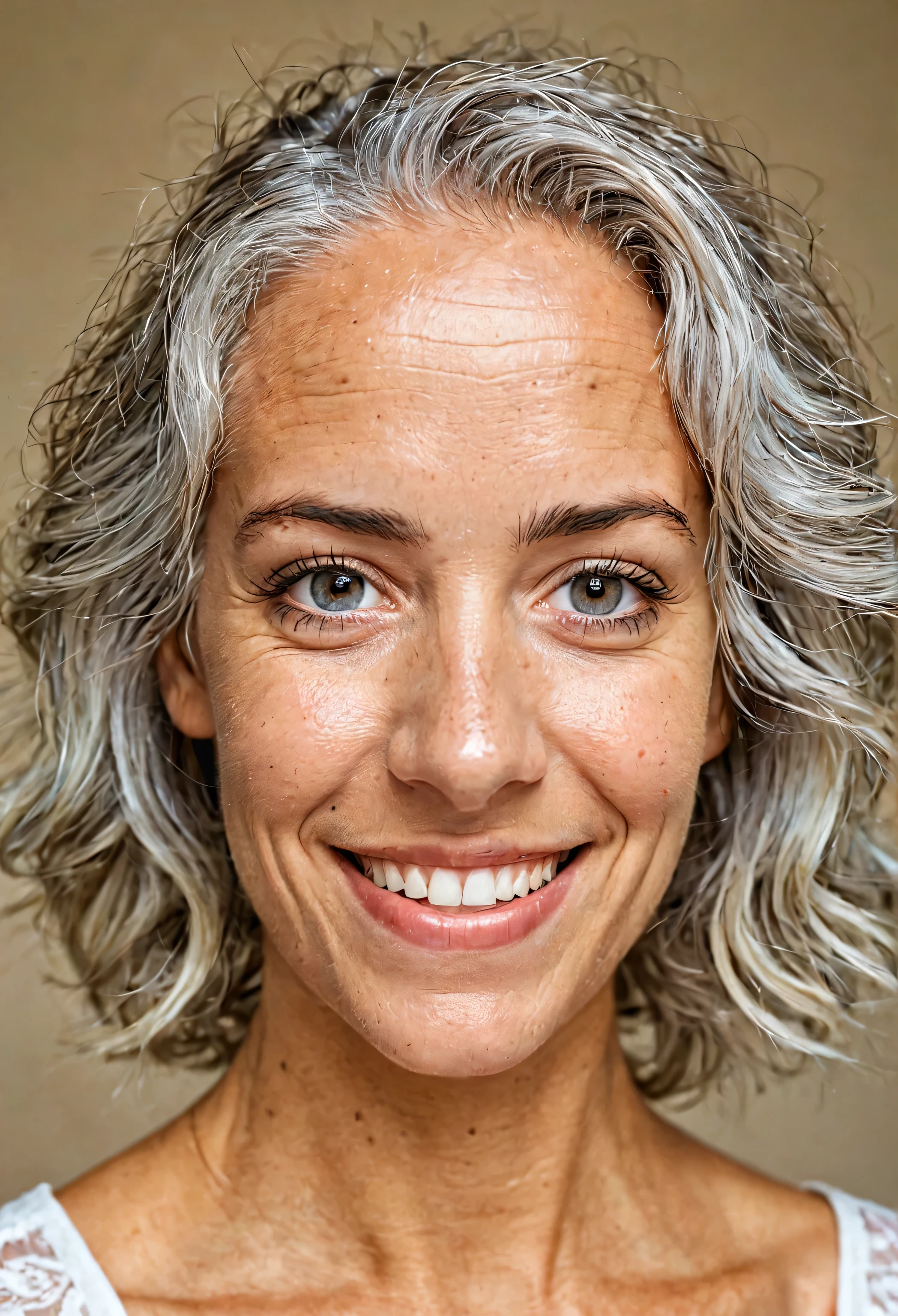 bela senhora, (cabelos brancos), sorriso, olhos azuis, cabelo curto, sem maquiagem, fotografia hiperdetalhada, Luz suave, Portrait of head and shoulders, cobrir