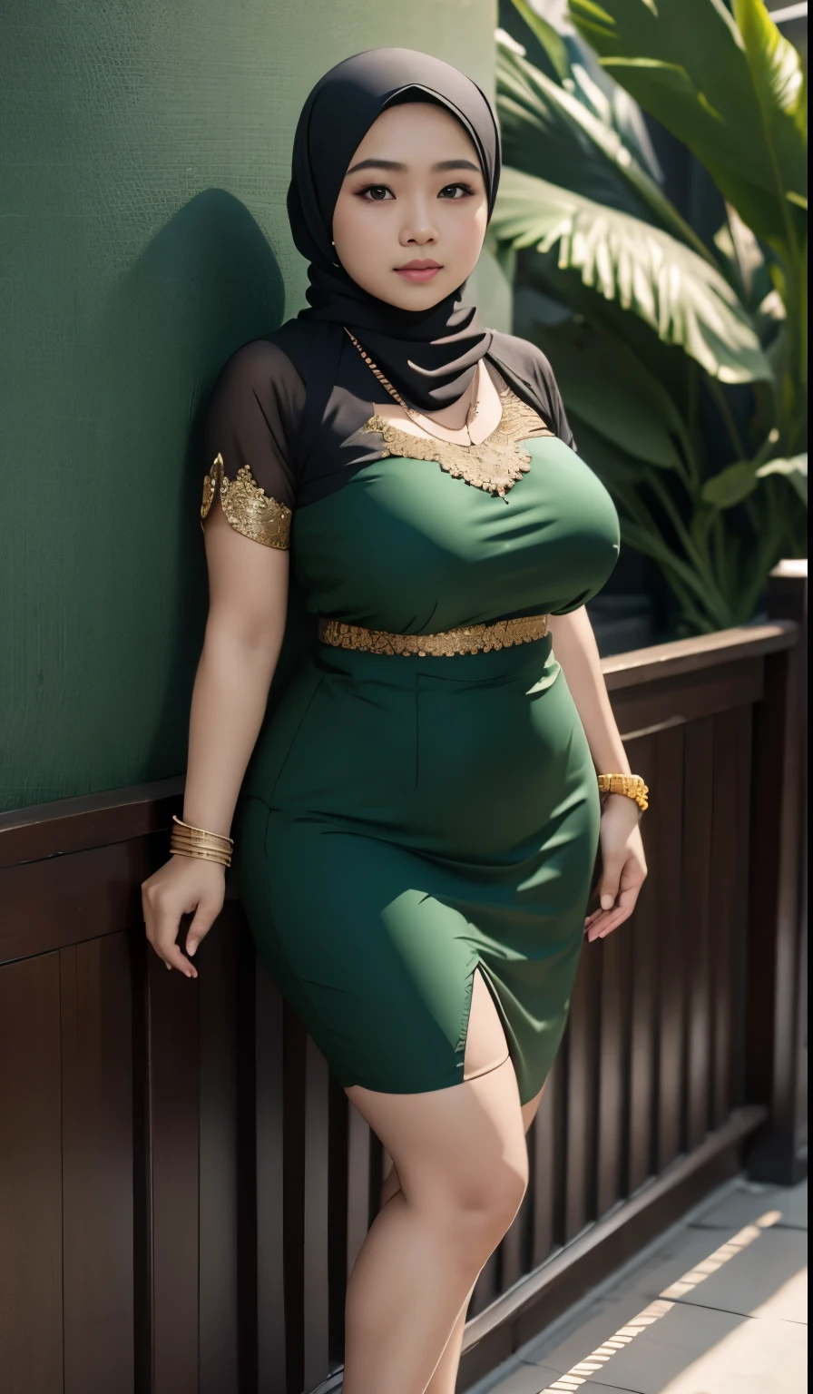 1 malay girl, modern plain hijab, shy, medium portrait, watery eyes, wearing dark green kebaya, ((big breasts)), black bokeh background, well-proportioned body,, chubby massive thighs, full body pose, wearing a necklace , wearing 10 bracelet , wearing a sneaker 