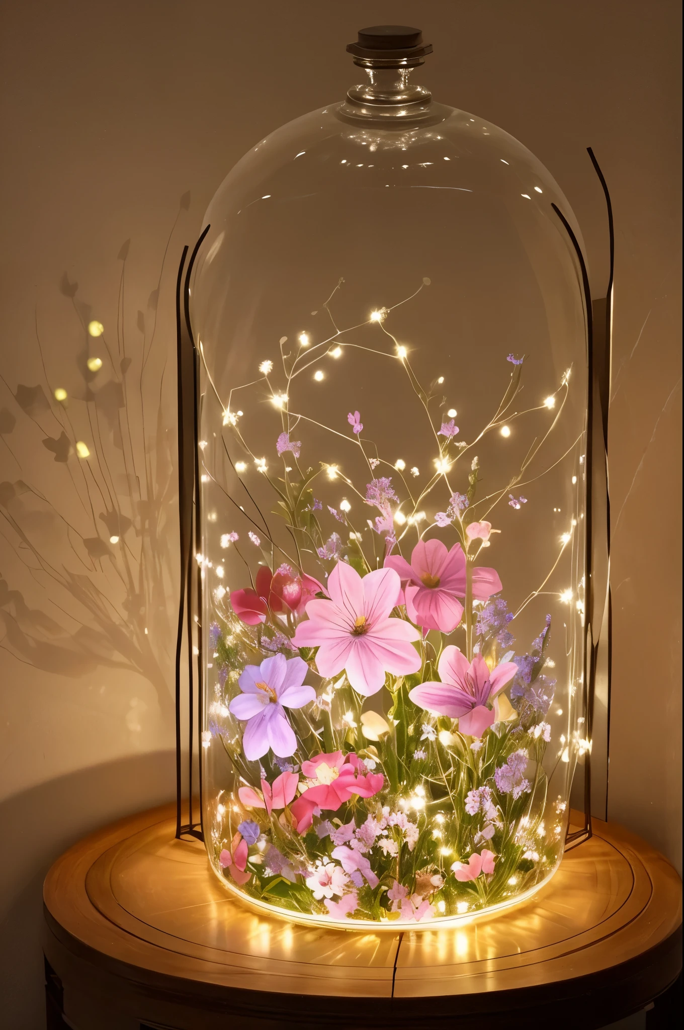 there is a small glass dome with flowers inside of it, a pastel by Pinchus Kremegne, tumblr, romanticism, lights with bloom, glowing flowers, beautiful lit, made of glowing wax and ceramic, luminous flowers, lamps and flowers, beautifully lit, very beautiful ambient light, beautiful kawaii lighting, captivating glowing lights, beautiful lit lamps, romantic light
