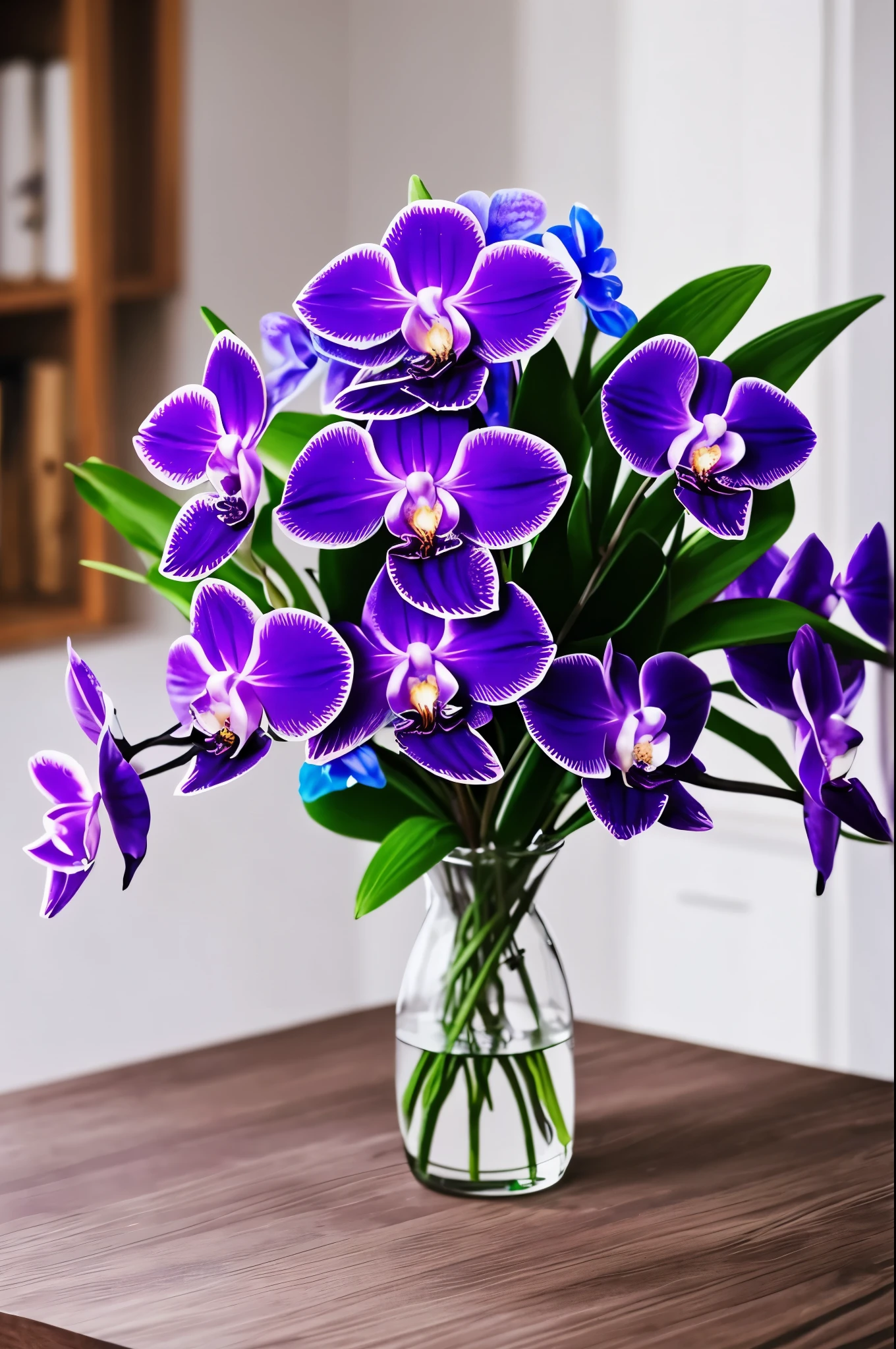 purple and blue flowers in a vase on a table, orchids, blue and purple, purple and blue, blue purple aqua colors, purple and blue neons, orchid, purple and blue colored, blue and violet, some purple and blue, blue and purple plants, gorgeous colors, incredibly beautiful, vibrant but dreary blue, blue and purple and green