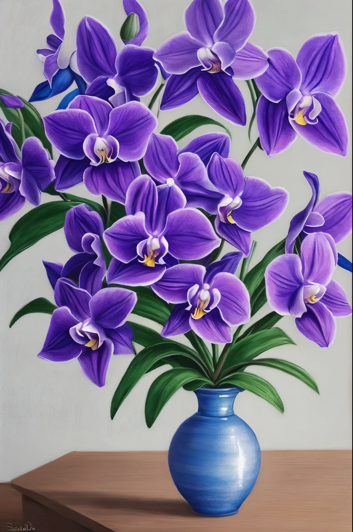 purple and blue flowers in a vase on a table, a pastel by Sam Dillemans, flickr, fine art, orchids, blue and purple, purple and blue, blue purple aqua colors, purple and blue neons, orchid, purple and blue colored, blue and violet, some purple and blue, blue and purple plants, gorgeous colors, incredibly beautiful