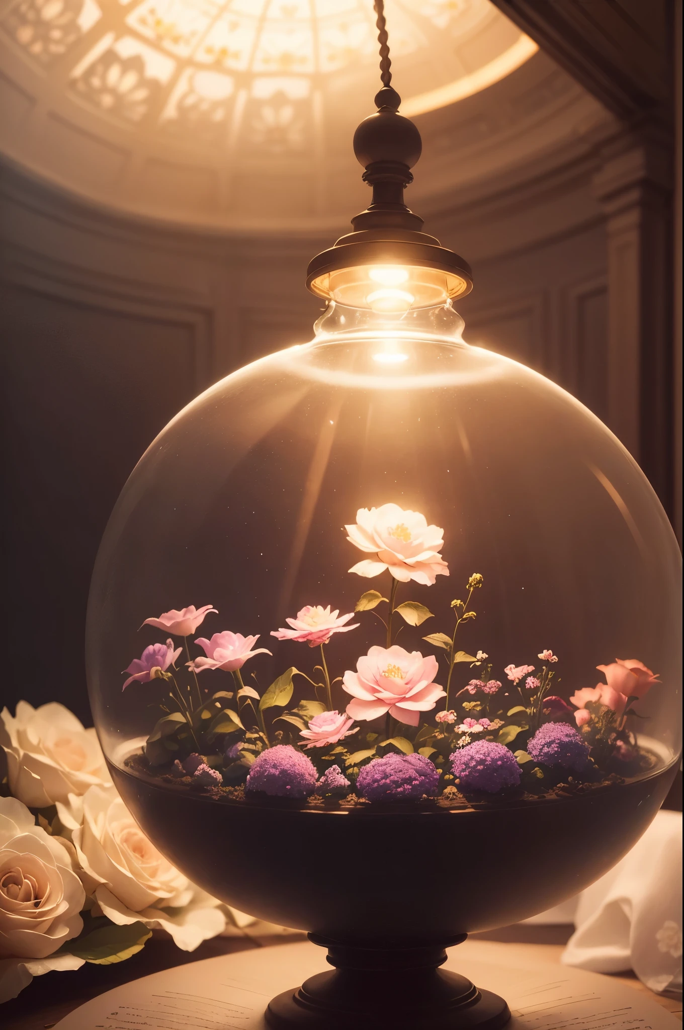 there is a small glass dome with flowers inside of it, a pastel by Pinchus Kremegne, tumblr, romanticism, lights with bloom, glowing flowers, beautiful lit, made of glowing wax and ceramic, luminous flowers, lamps and flowers, beautifully lit, very beautiful ambient light, beautiful kawaii lighting, captivating glowing lights, beautiful lit lamps, romantic light